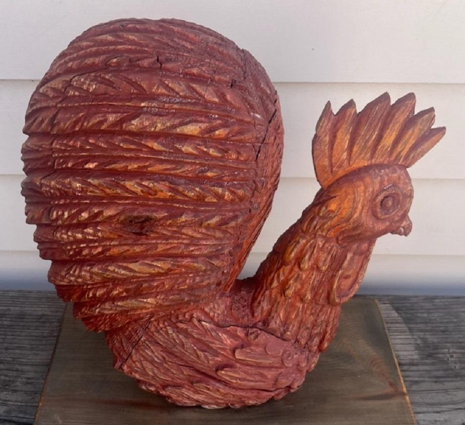 18thc Hand Carved Rooster Sculpture on Stand In Good Condition For Sale In Los Angeles, CA