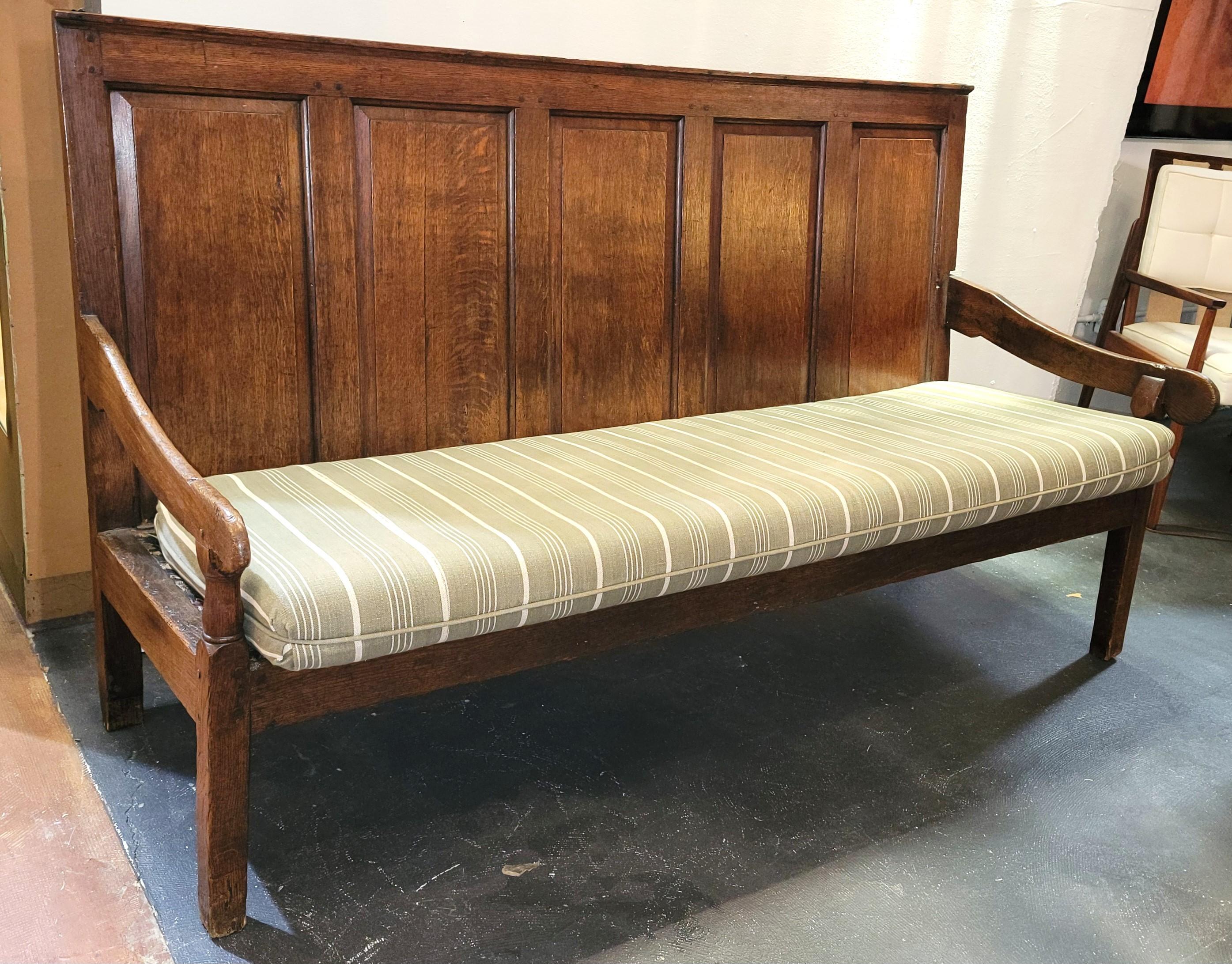 18thc Hand Made American Wooden Bench With Custom Cushions. Wonderful patina to he wood with dovetail construction. Hand Cut Nails. 72.5 x 26.5 x 41 sh 17
