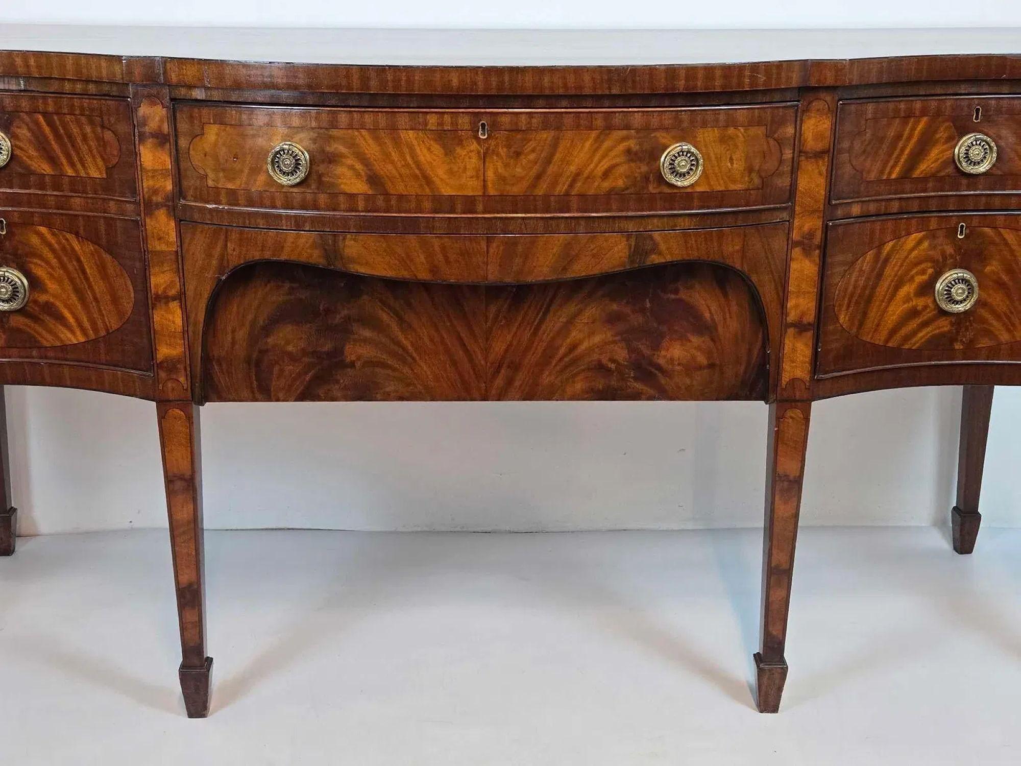 British 18thC Inlaid Mahogany Sideboard with Bow Front, George III For Sale