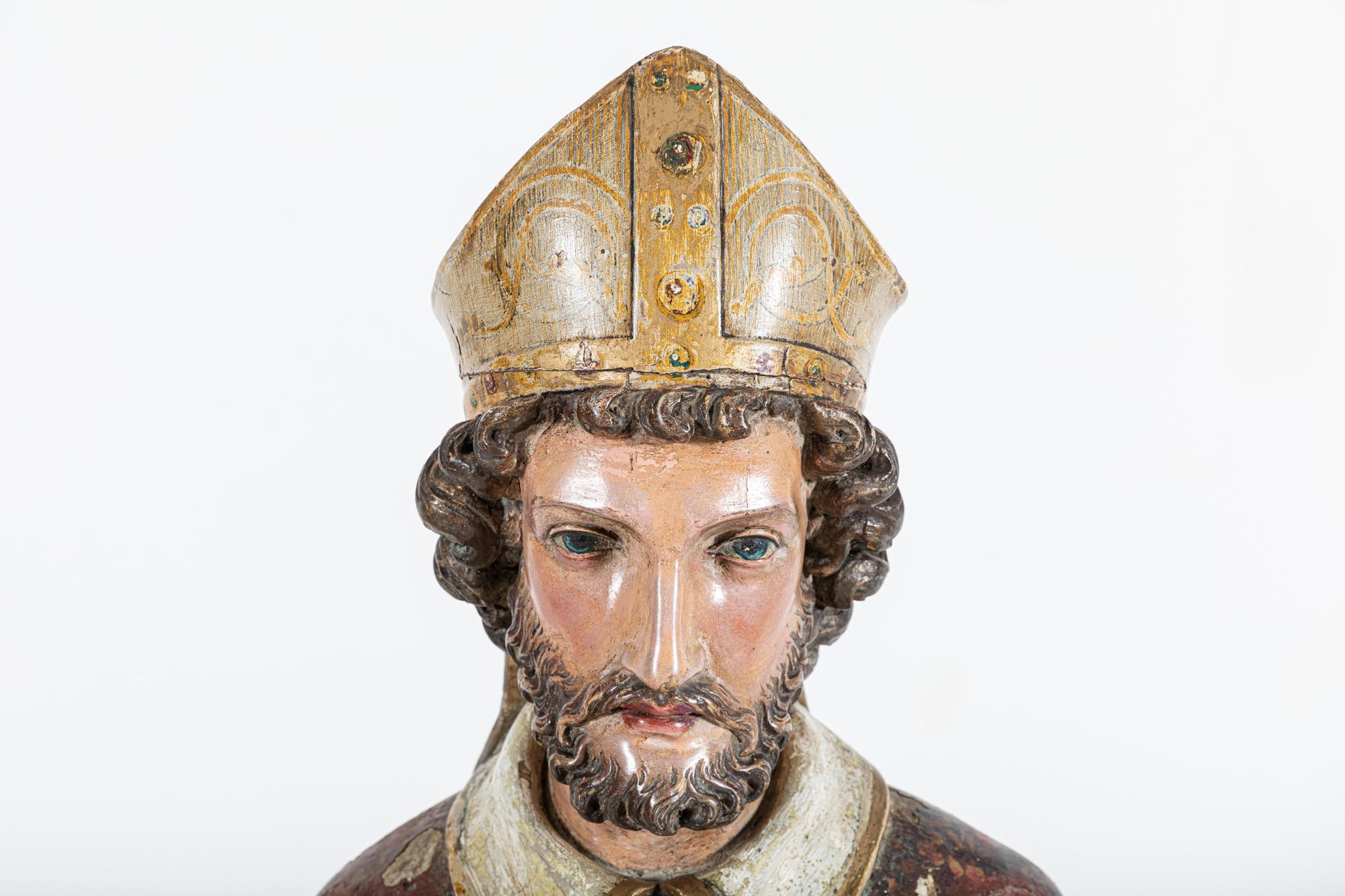 18thC Italian Oak & Polychrome Carved Bishop Statue For Sale 6