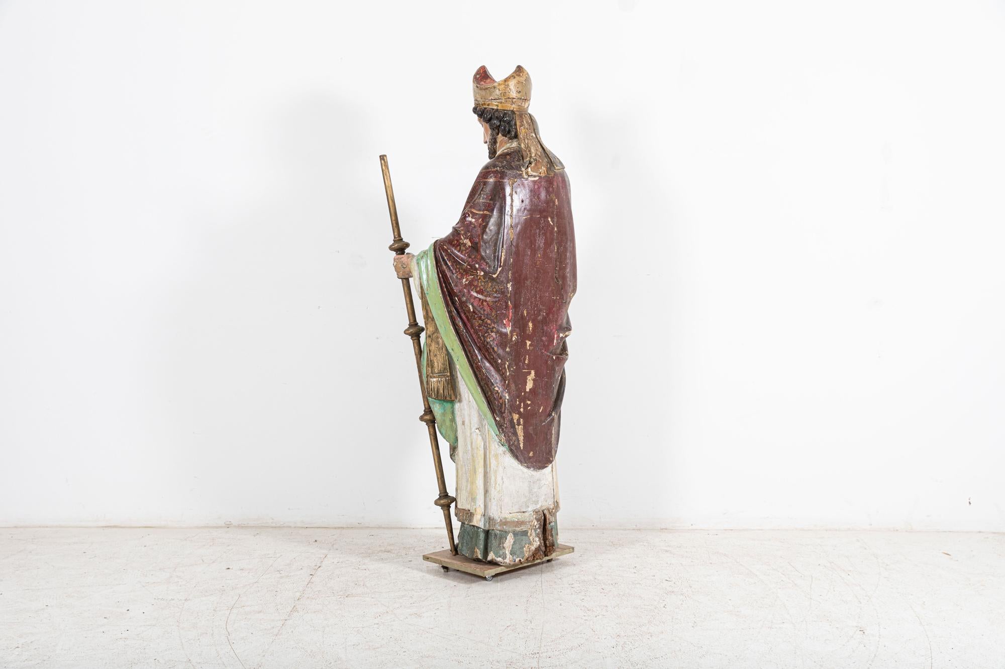 18thC Italian Oak & Polychrome Carved Bishop Statue For Sale 8