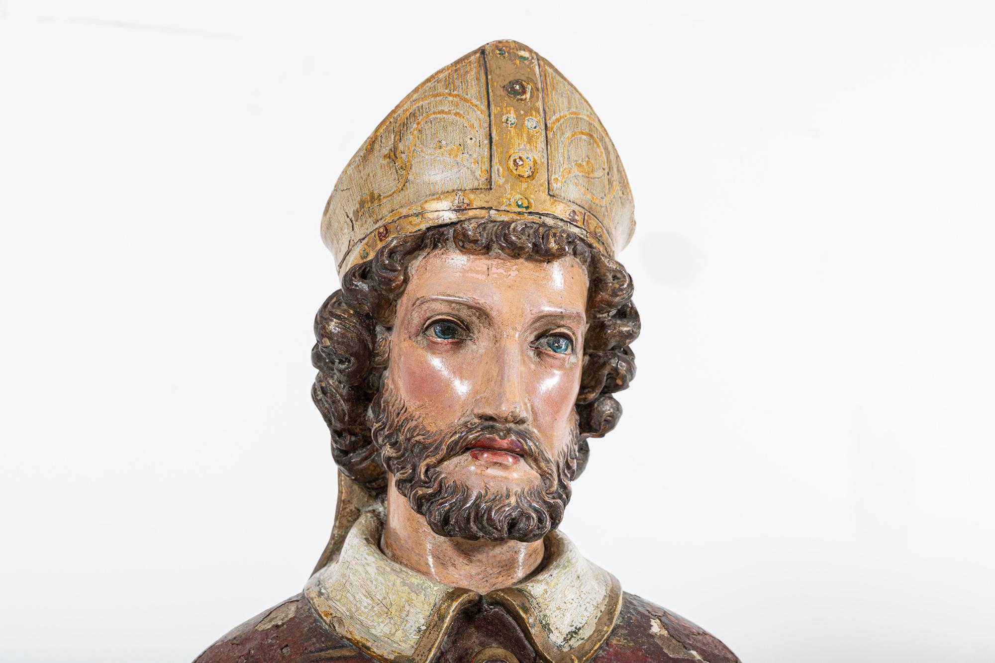 18thC Italian Oak & Polychrome Carved Bishop Statue For Sale 9