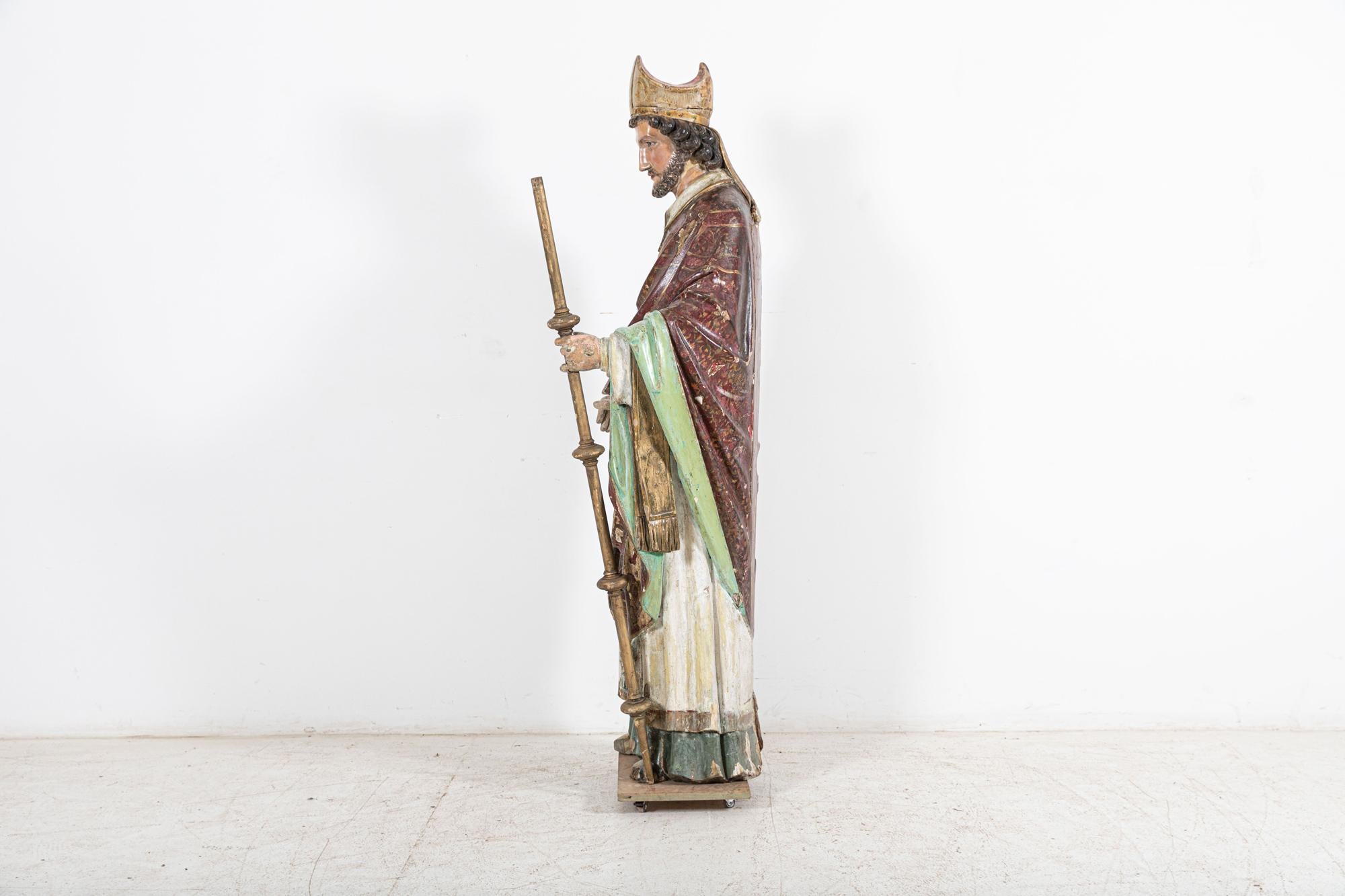 18thC Italian Oak & Polychrome Carved Bishop Statue For Sale 10