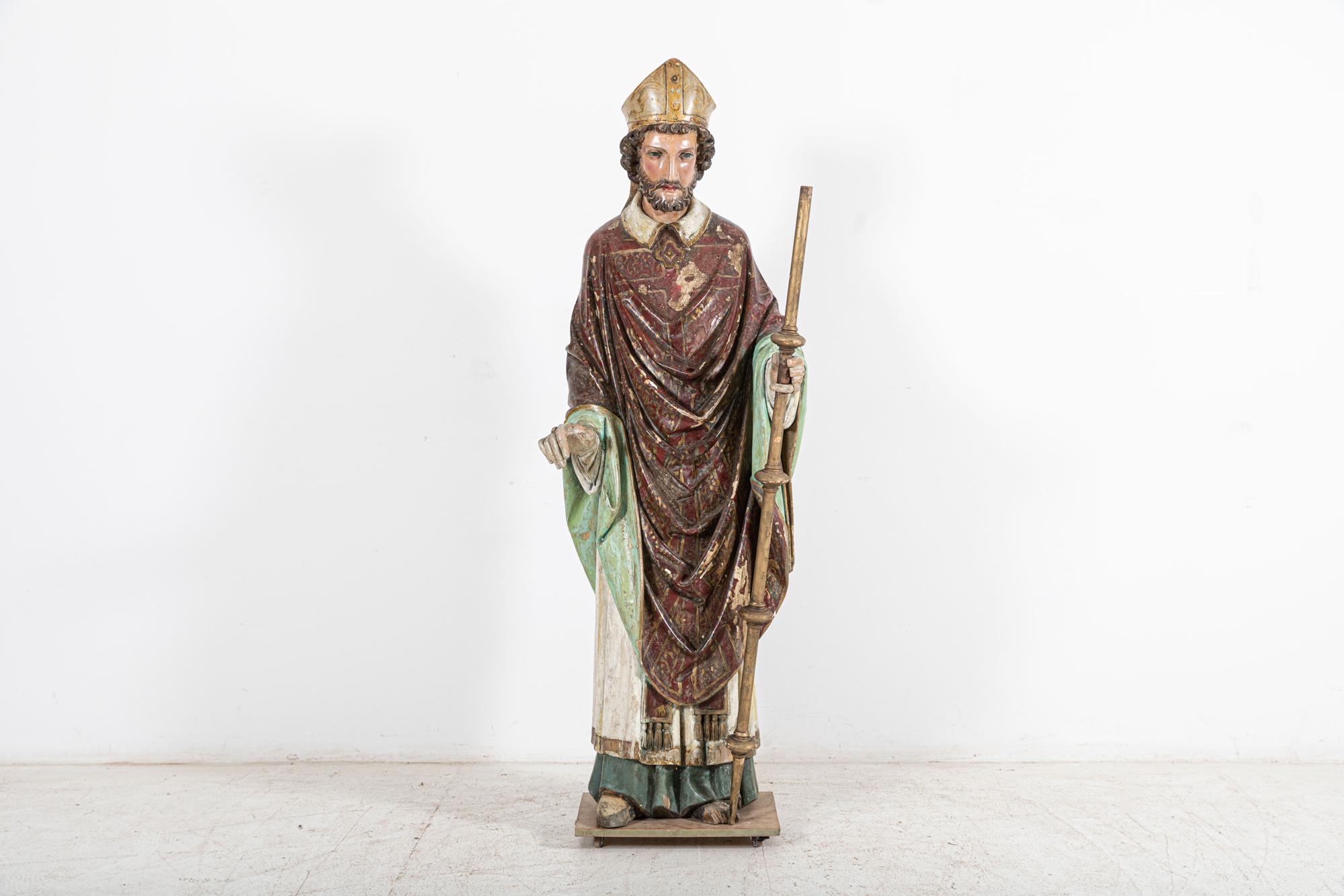 18thC Italian Oak & Polychrome Carved Bishop Statue In Good Condition For Sale In Staffordshire, GB