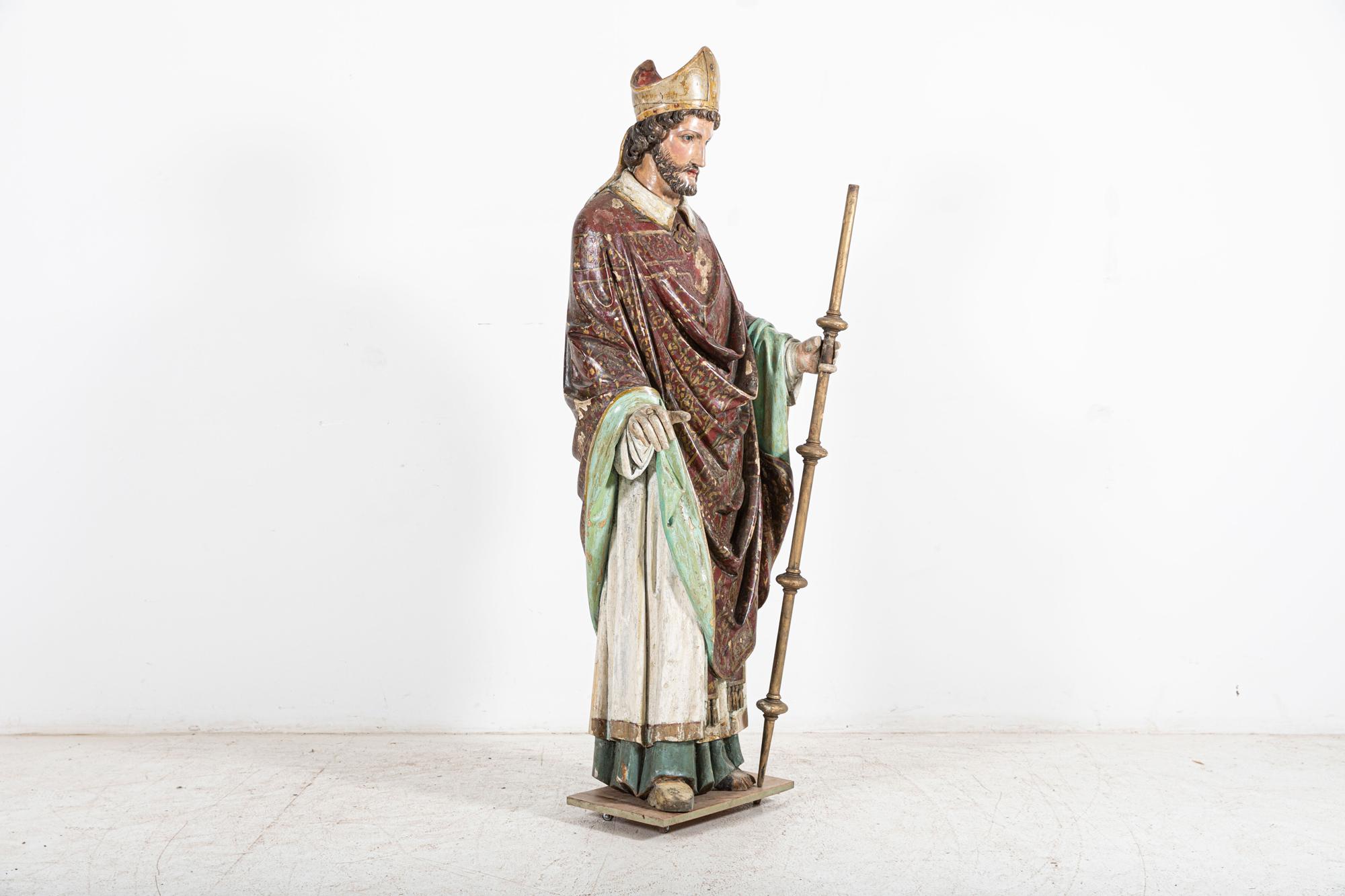 18thC Italian Oak & Polychrome Carved Bishop Statue For Sale 1