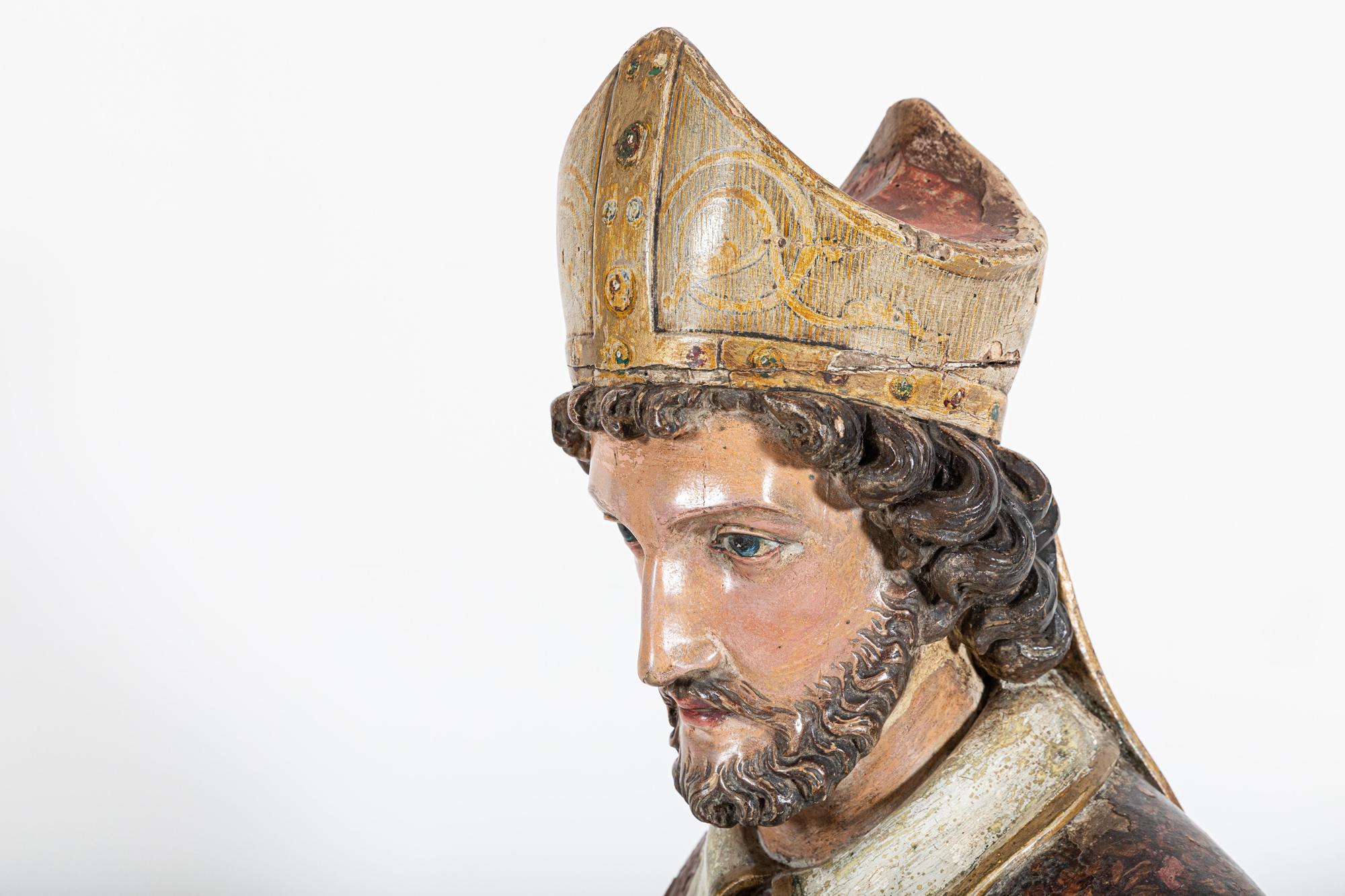 18thC Italian Oak & Polychrome Carved Bishop Statue For Sale 2