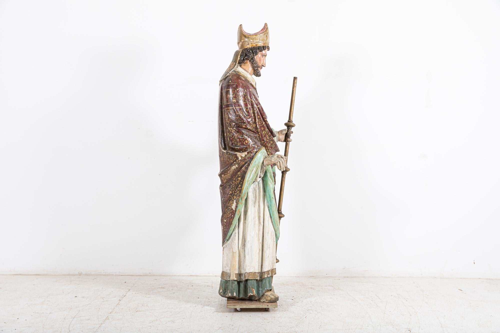 18thC Italian Oak & Polychrome Carved Bishop Statue For Sale 3