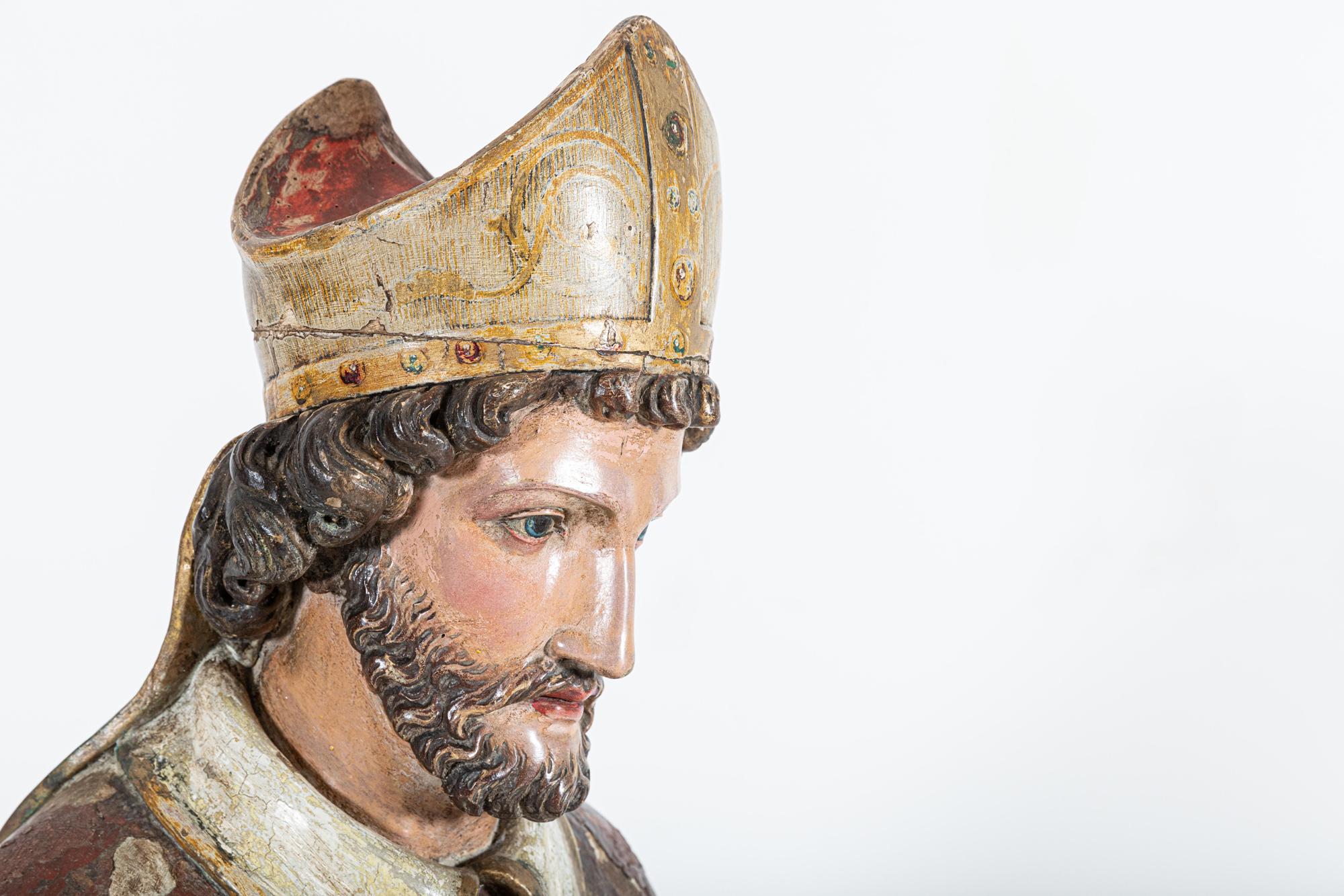 18thC Italian Oak & Polychrome Carved Bishop Statue For Sale 4