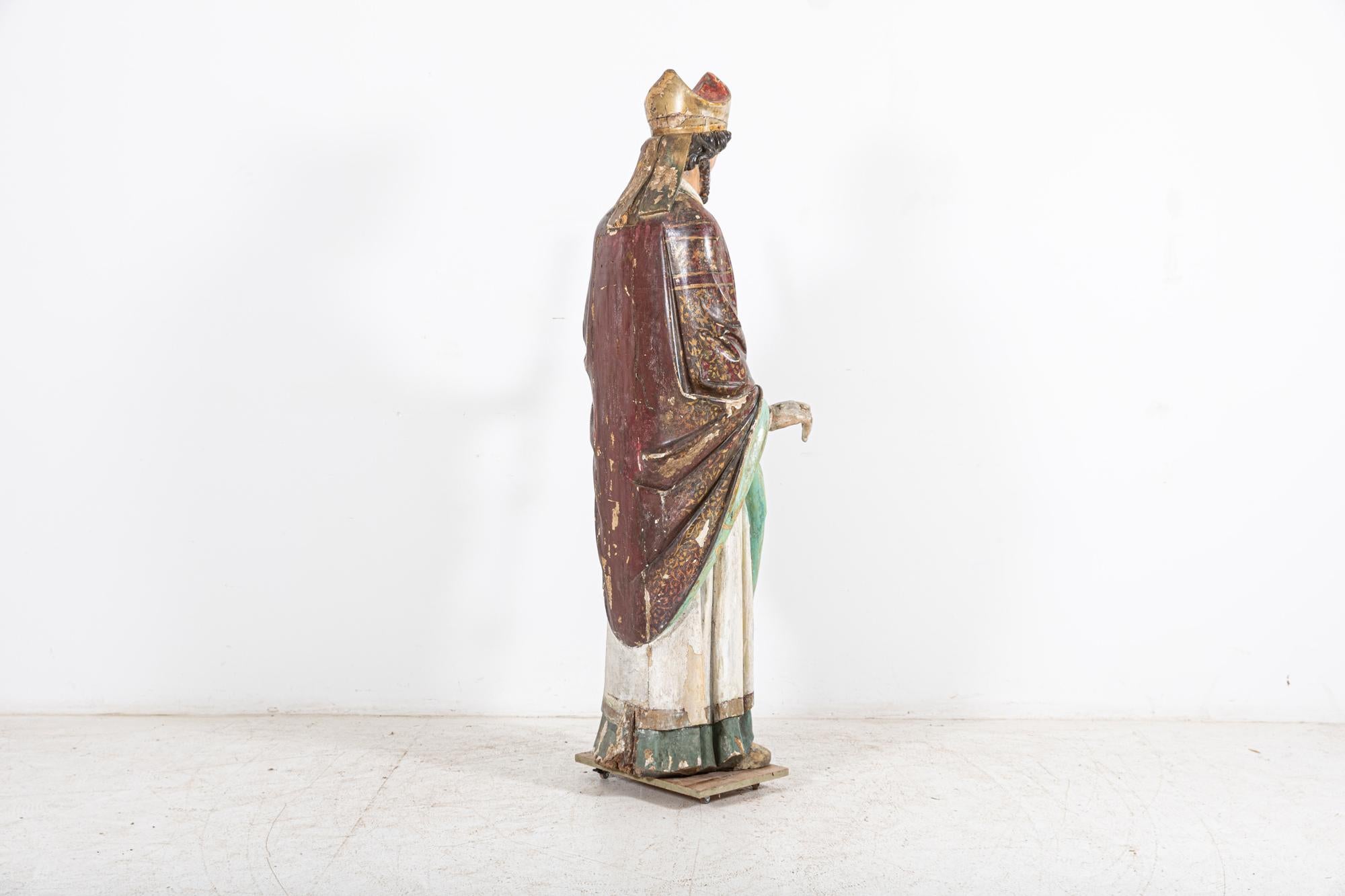 18thC Italian Oak & Polychrome Carved Bishop Statue For Sale 5