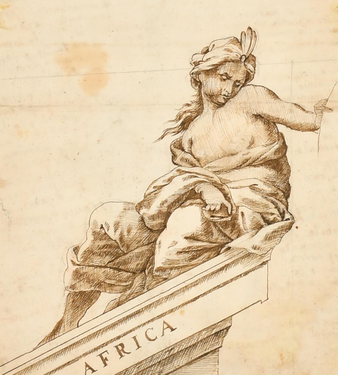 Pregevole disegno a inchiostro e lavaggio di un antico maestro italiano del 1700, Africa romana allegorica