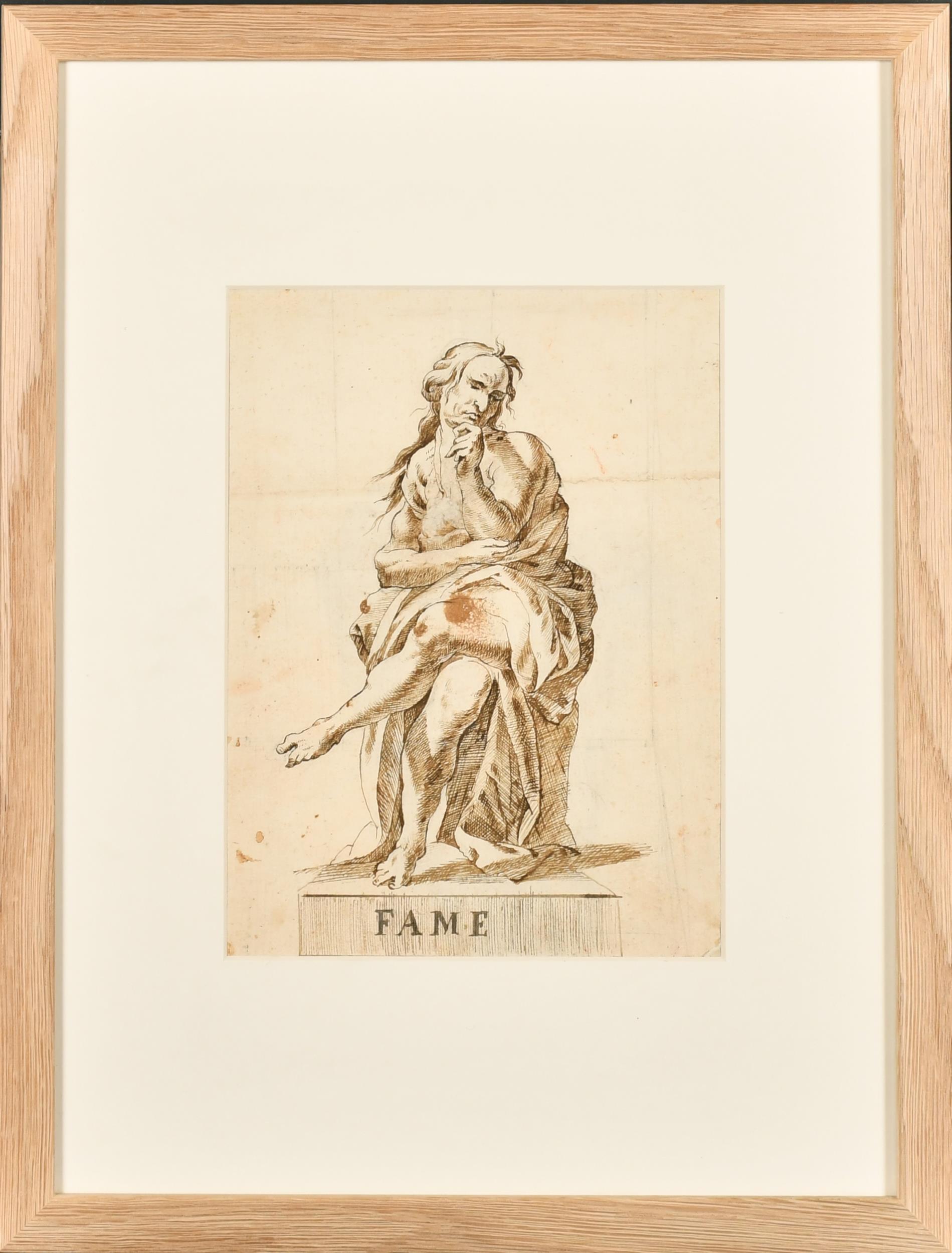 Beaux dessins à l'encre et au lavis de maîtres anciens italiens des années 1700 Figure allégorique romaine Fame - Art de 18thC Italian Old Master