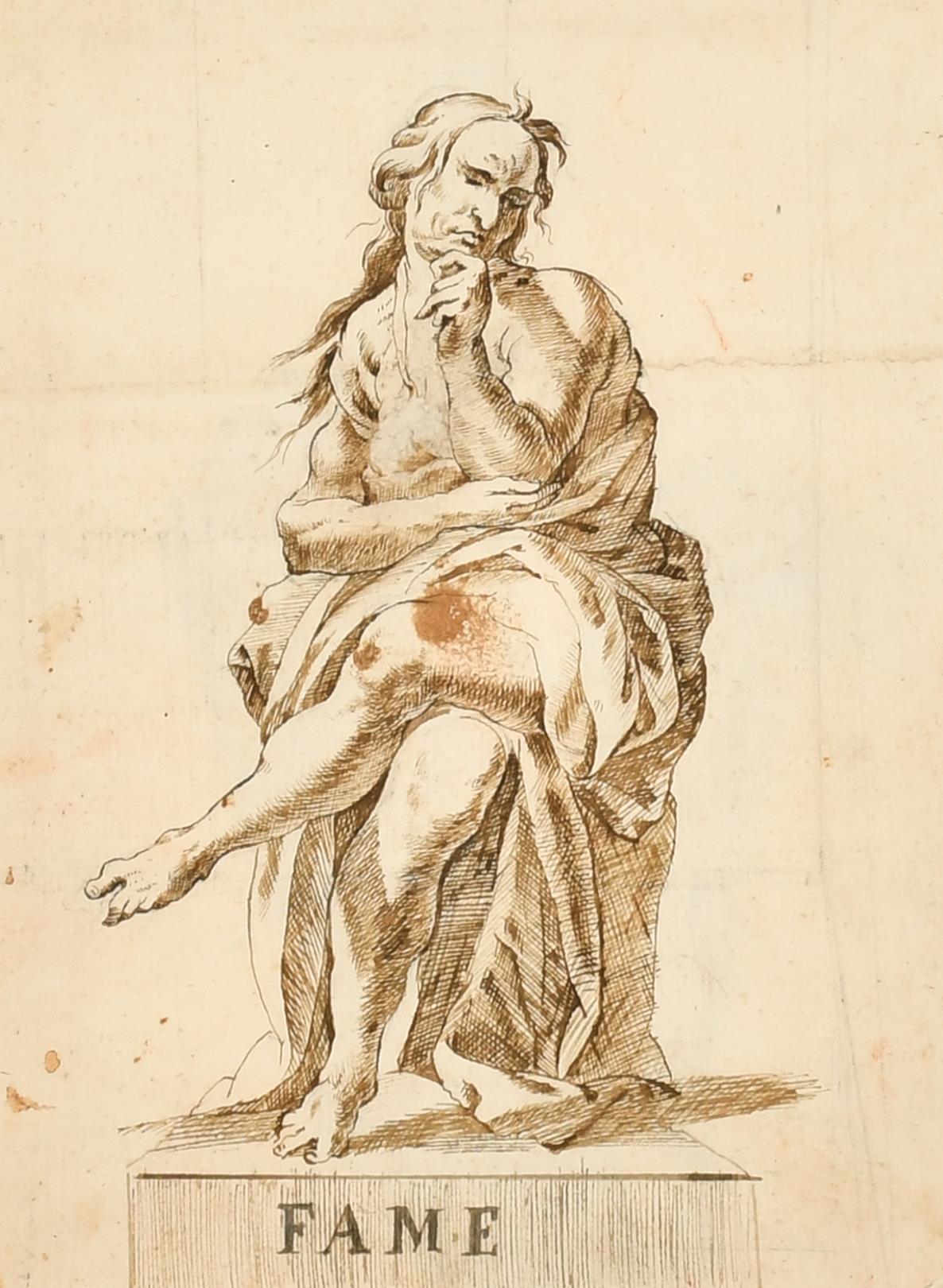Italienische alte Meister-Tinten- und Waschzeichnung, römische Allegorische Figur, Fame, 1700er Jahre