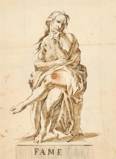 Fine 1700's Italian Old Master Ink & Wash Drawing Roman Allegorical Figure Fame