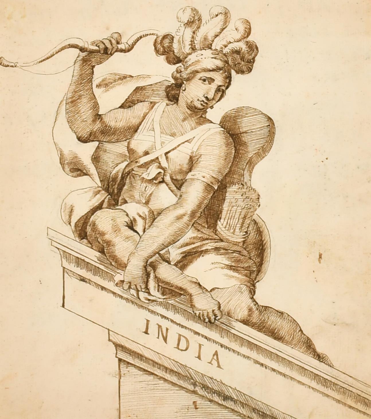 Très beau dessin à l'encre et au lavis d'un vieux maître italien des années 1700, romain et allégorique, Inde