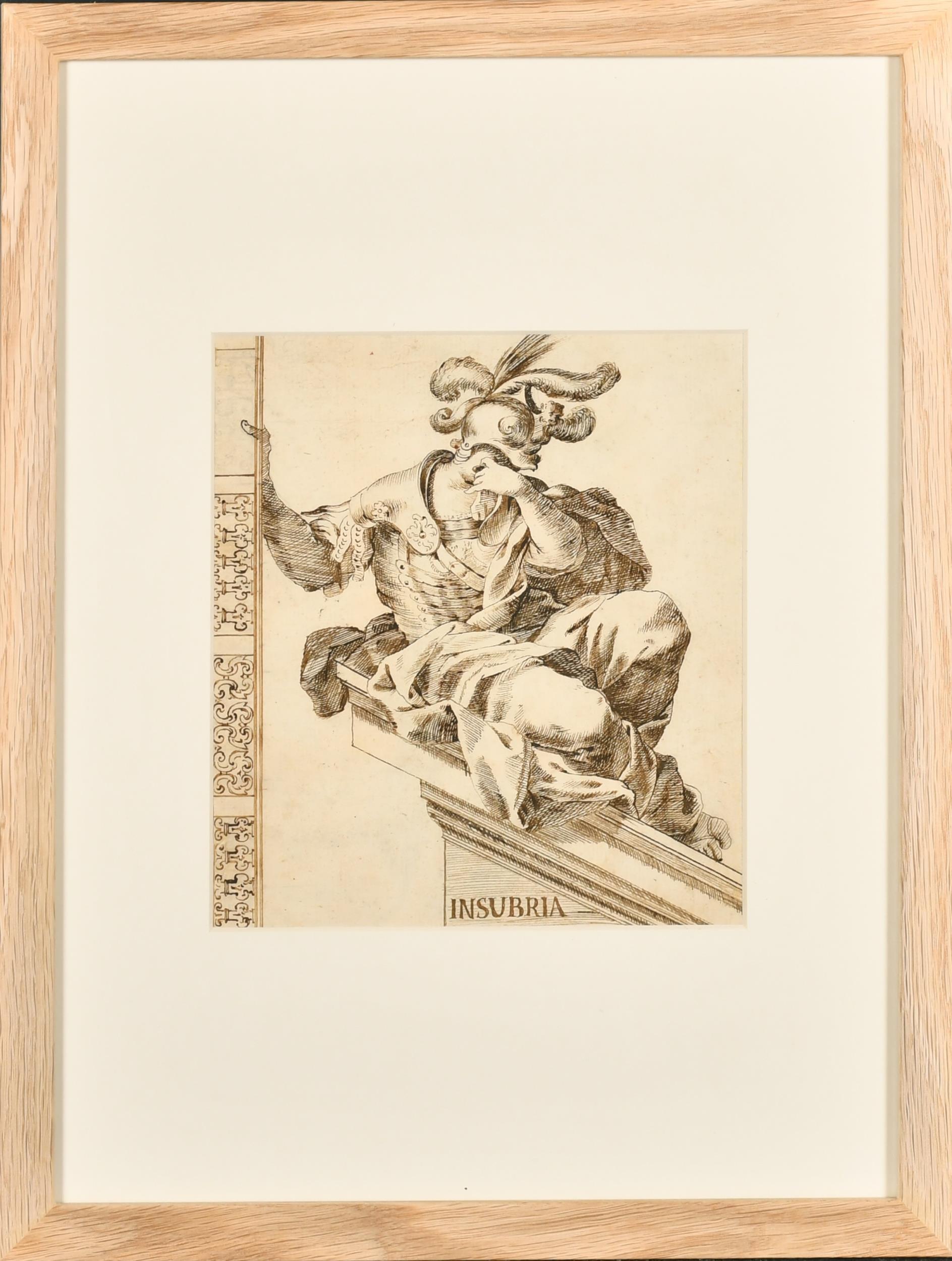 Fine gravure à l'encre et au lavis italienne allégorique romaine de style Insubria des années 1700 - Art de 18thC Italian Old Master