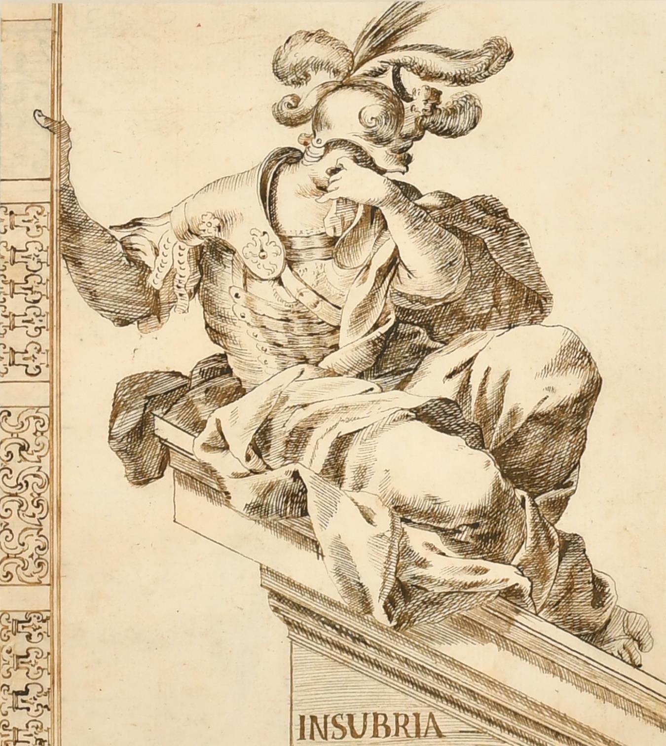 Figurative Art 18thC Italian Old Master - Fine gravure à l'encre et au lavis italienne allégorique romaine de style Insubria des années 1700