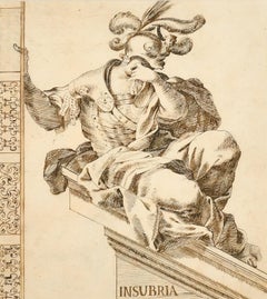 Fine gravure à l'encre et au lavis italienne allégorique romaine de style Insubria des années 1700