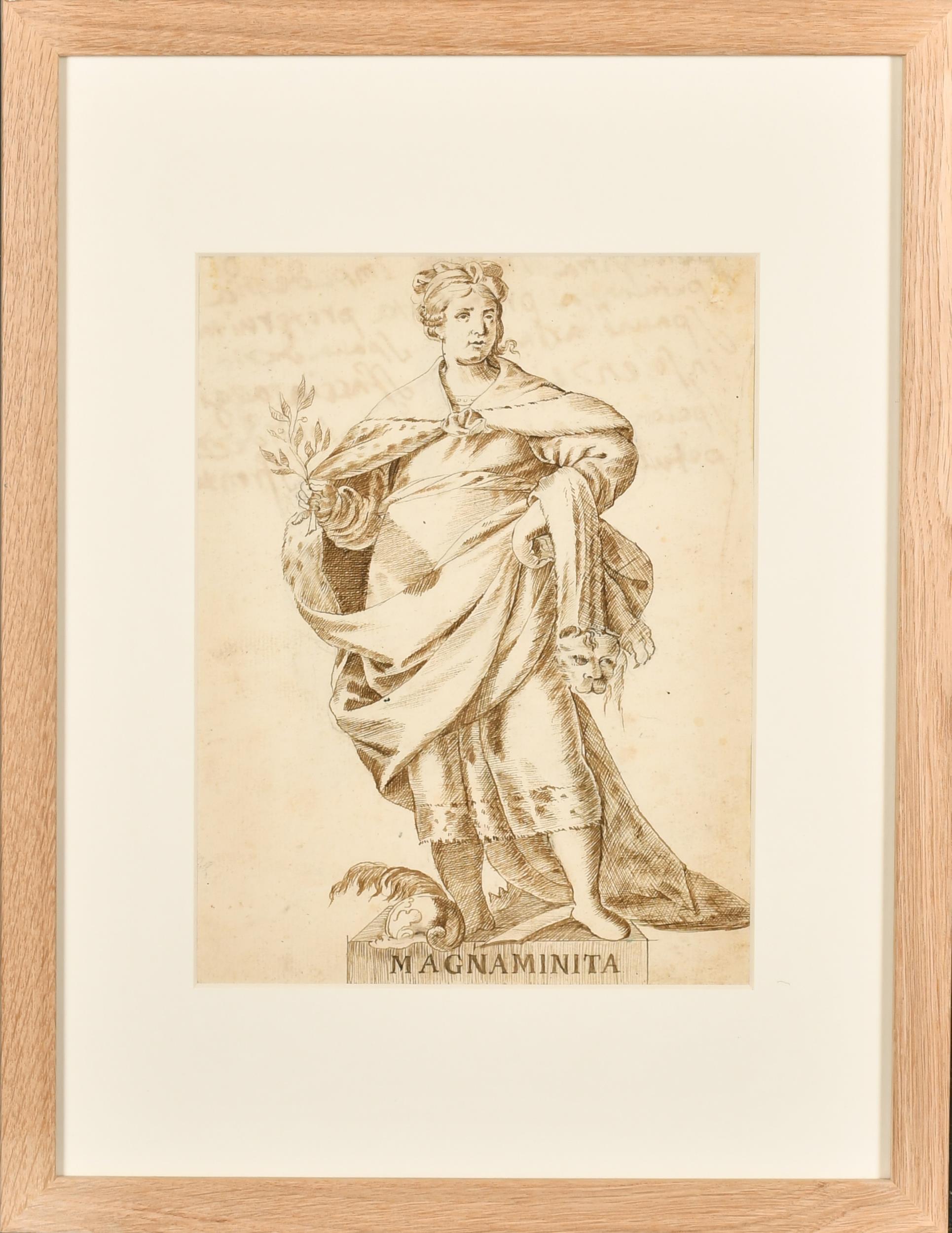 Fine gravure italienne allégorique romaine Magnaminita à l'encre et au lave-vaisselle des années 1700 - Painting de 18thC Italian Old Master