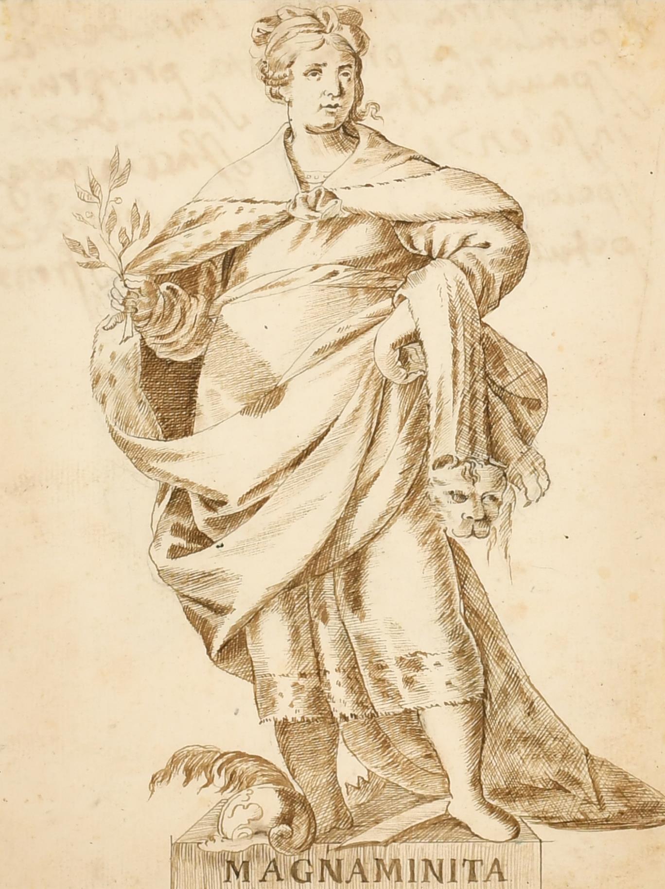 Fine gravure italienne allégorique romaine Magnaminita à l'encre et au lave-vaisselle des années 1700