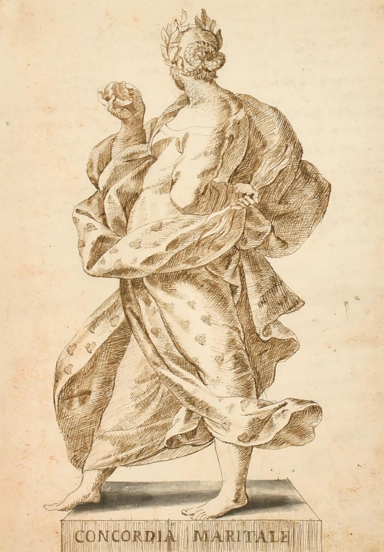 Très beau dessin à l'encre et au lavis de vieux maître italien des années 1700 Mariage allégorique romain