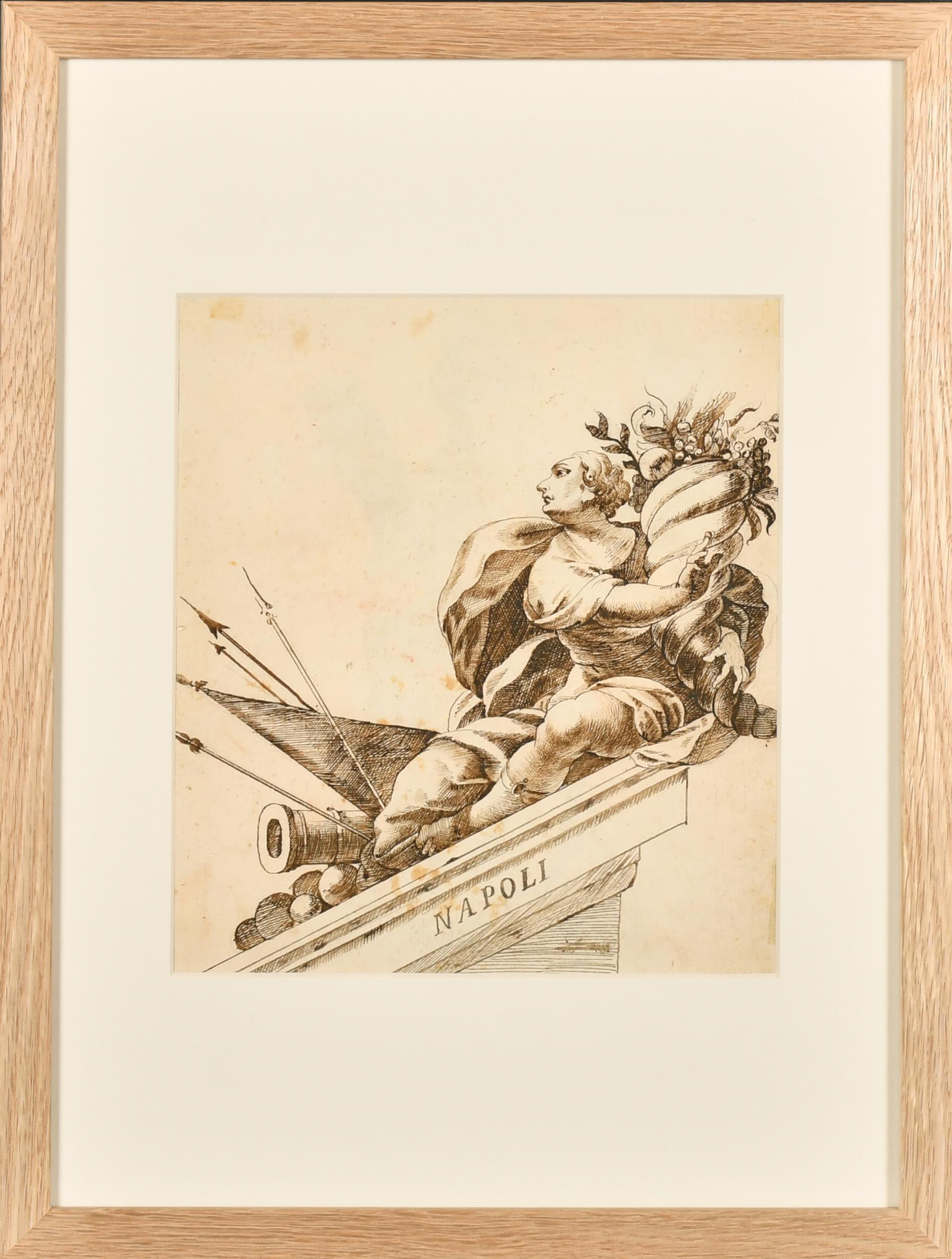 Fino Dibujo Antiguo Maestro Italiano de Tinta y Lavado de 1700 Alegórico Romano de Nápoles - Painting de 18thC Italian Old Master