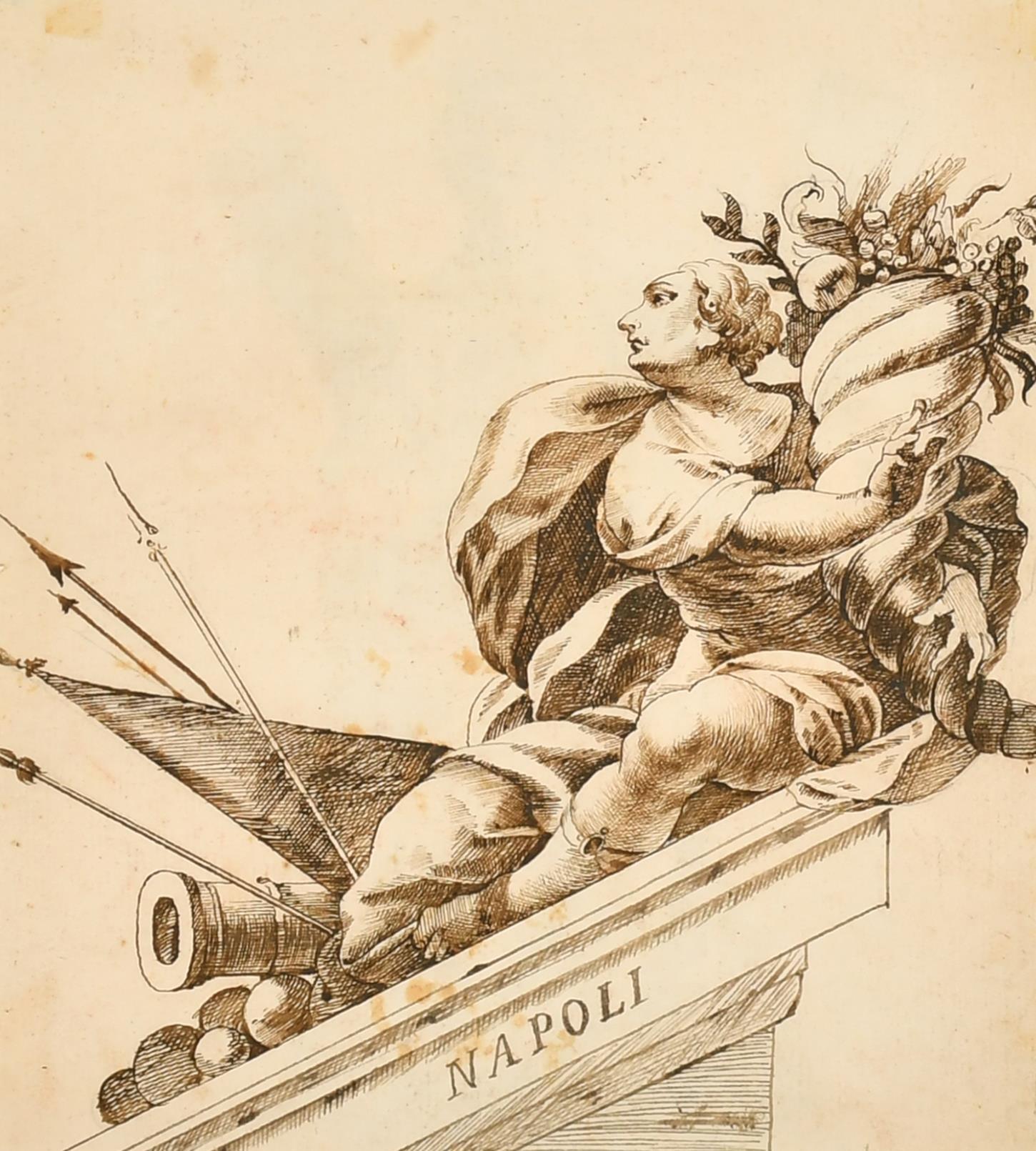 Pregevole disegno a inchiostro e lavaggio di un antico maestro italiano del 1700, Napoli Allegorica Romana