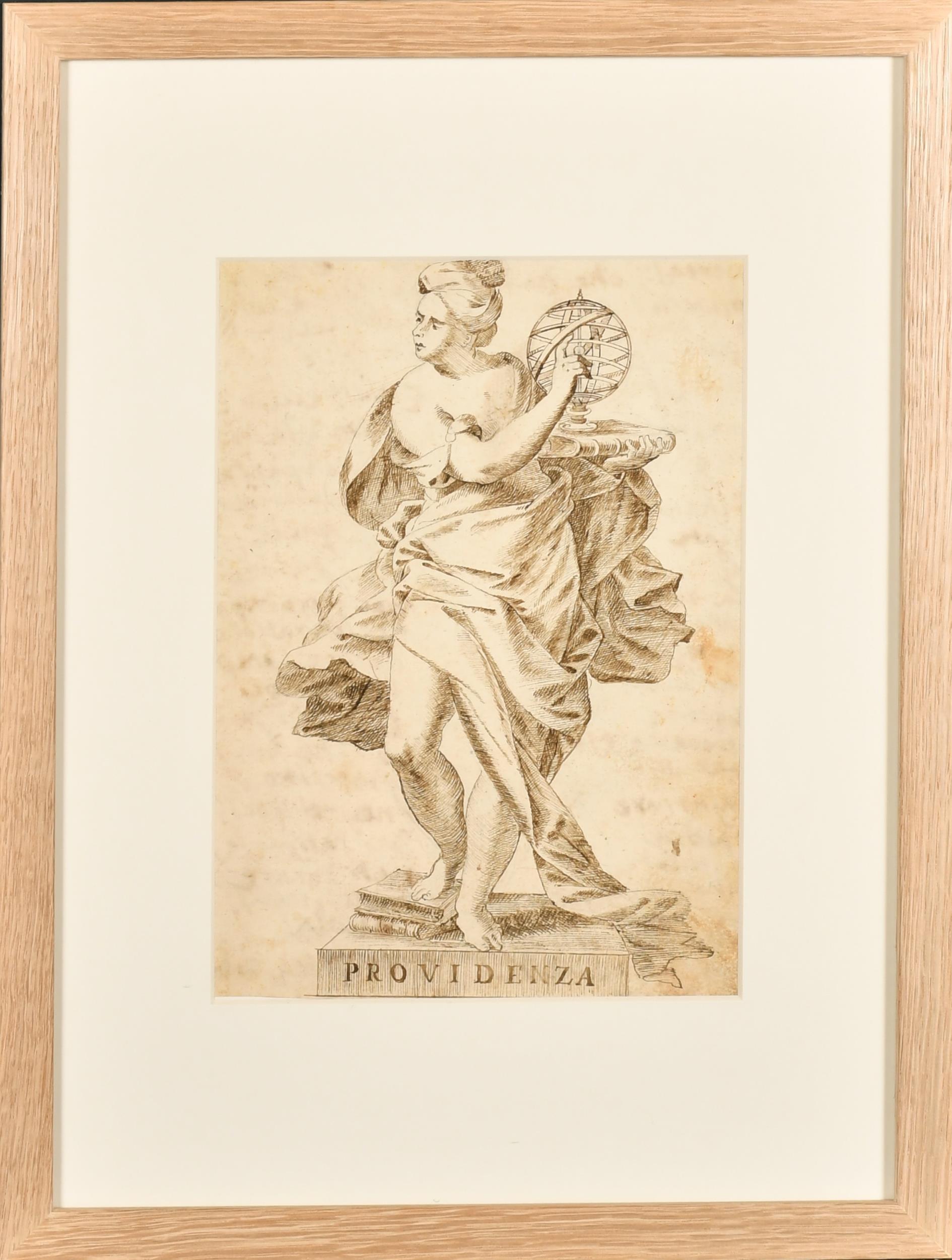 Pregevole disegno a inchiostro e lavaggio di un vecchio maestro italiano del 1700, Provvidenza Allegorica Romana - Painting di 18thC Italian Old Master