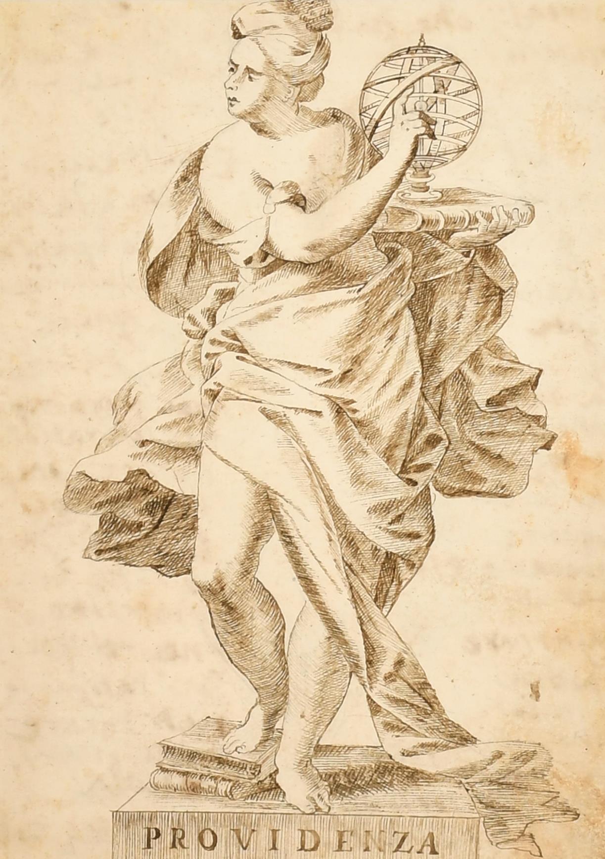 Pregevole disegno a inchiostro e lavaggio di un vecchio maestro italiano del 1700, Provvidenza Allegorica Romana