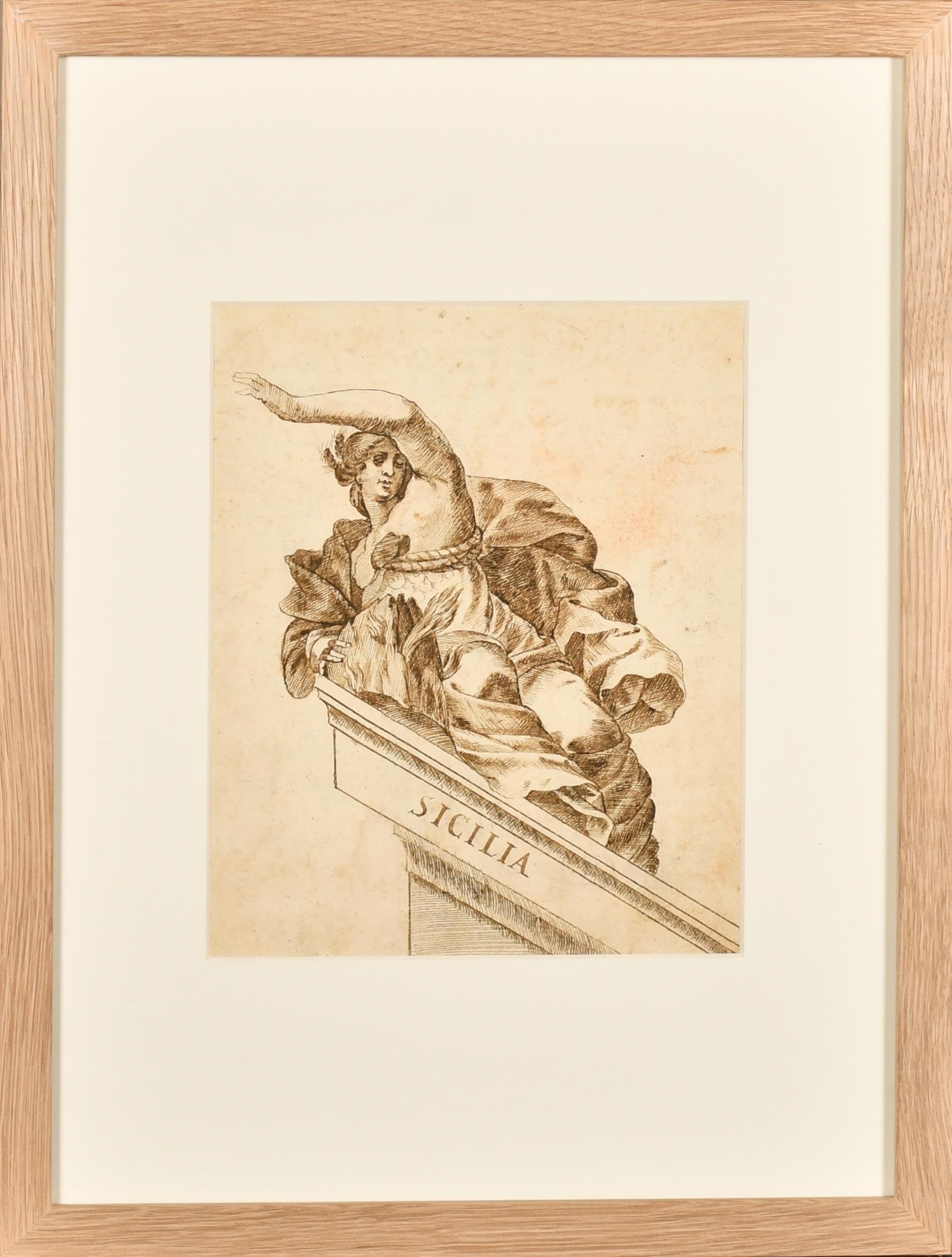 Très beau dessin à l'encre et au lavis de maître italien des années 1700, Allégorie romaine de la Sicile - Painting de 18thC Italian Old Master