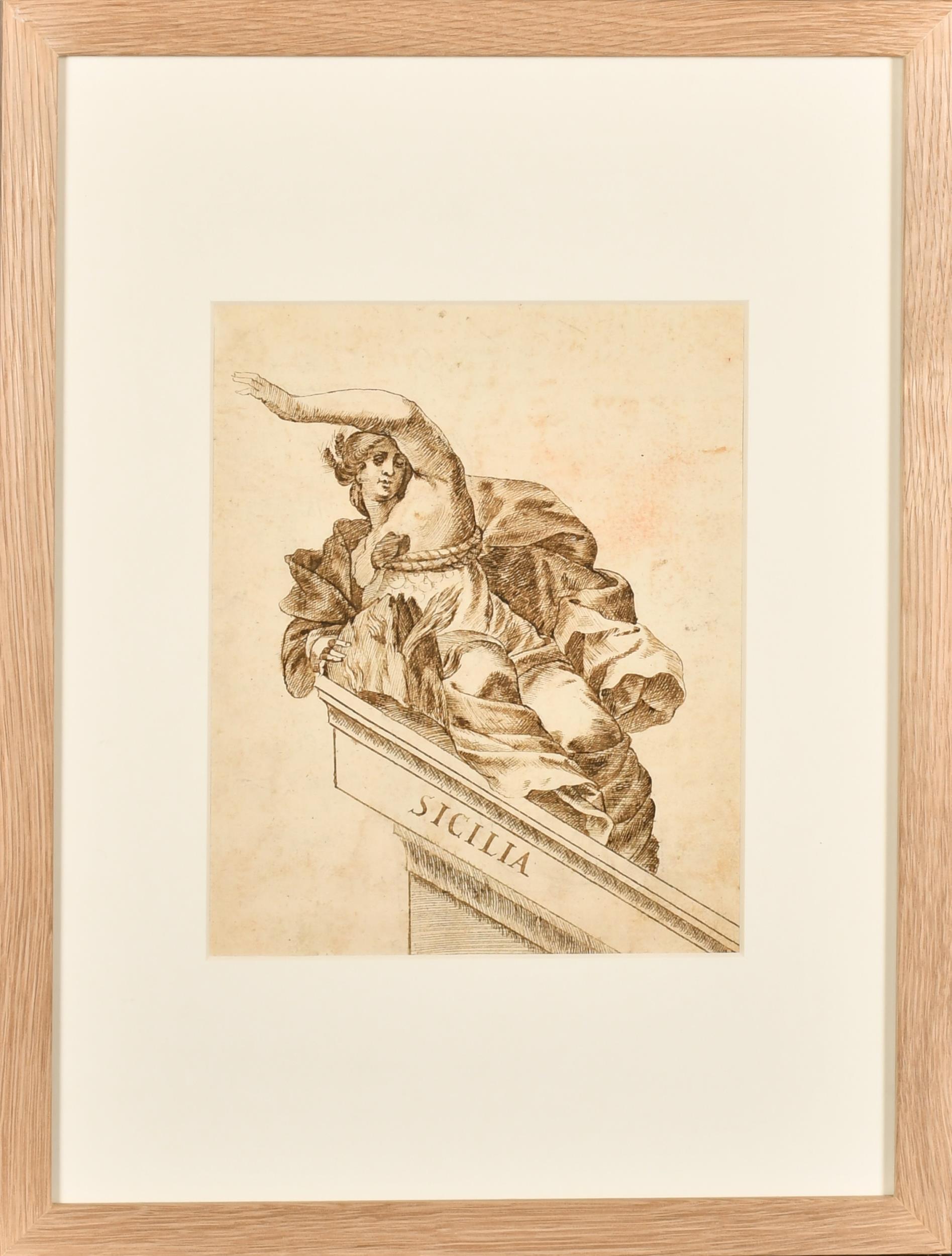 Fino Dibujo Antiguo Maestro Italiano de Tinta y Lavado de 1700 Sicilia Alegórica Romana - Painting de 18thC Italian Old Master