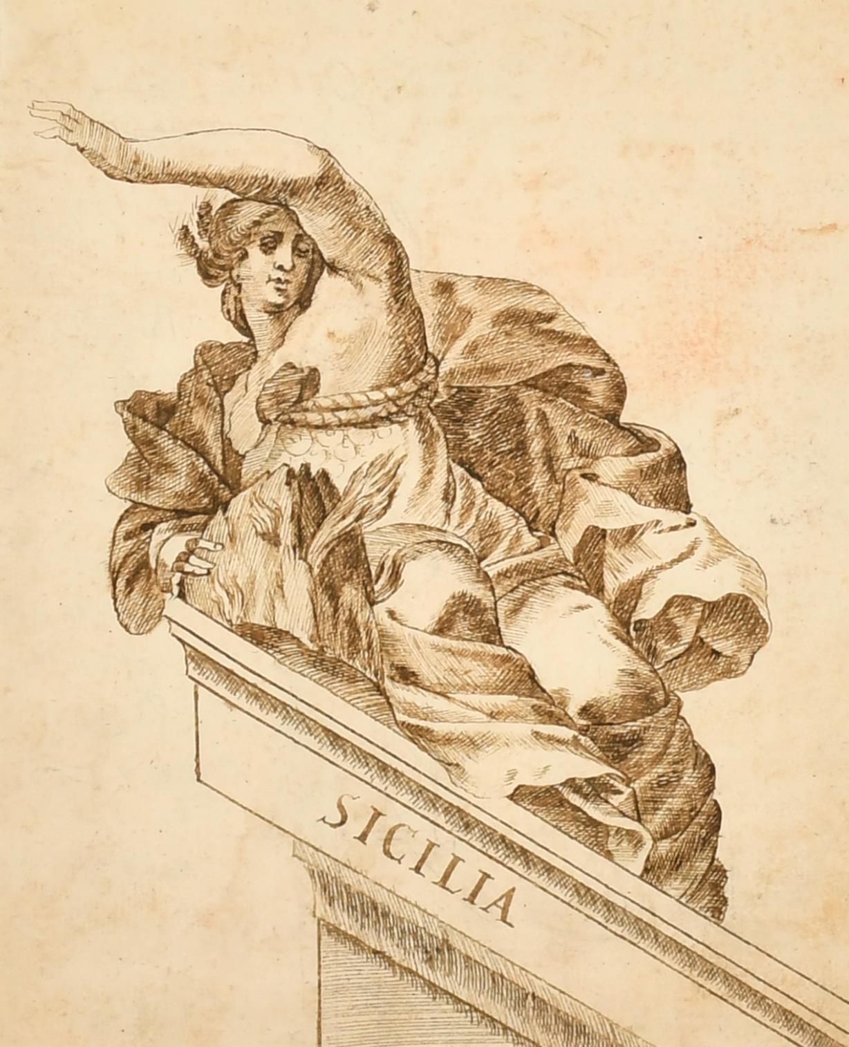 Très beau dessin à l'encre et au lavis de maître italien des années 1700, Allégorie romaine de la Sicile