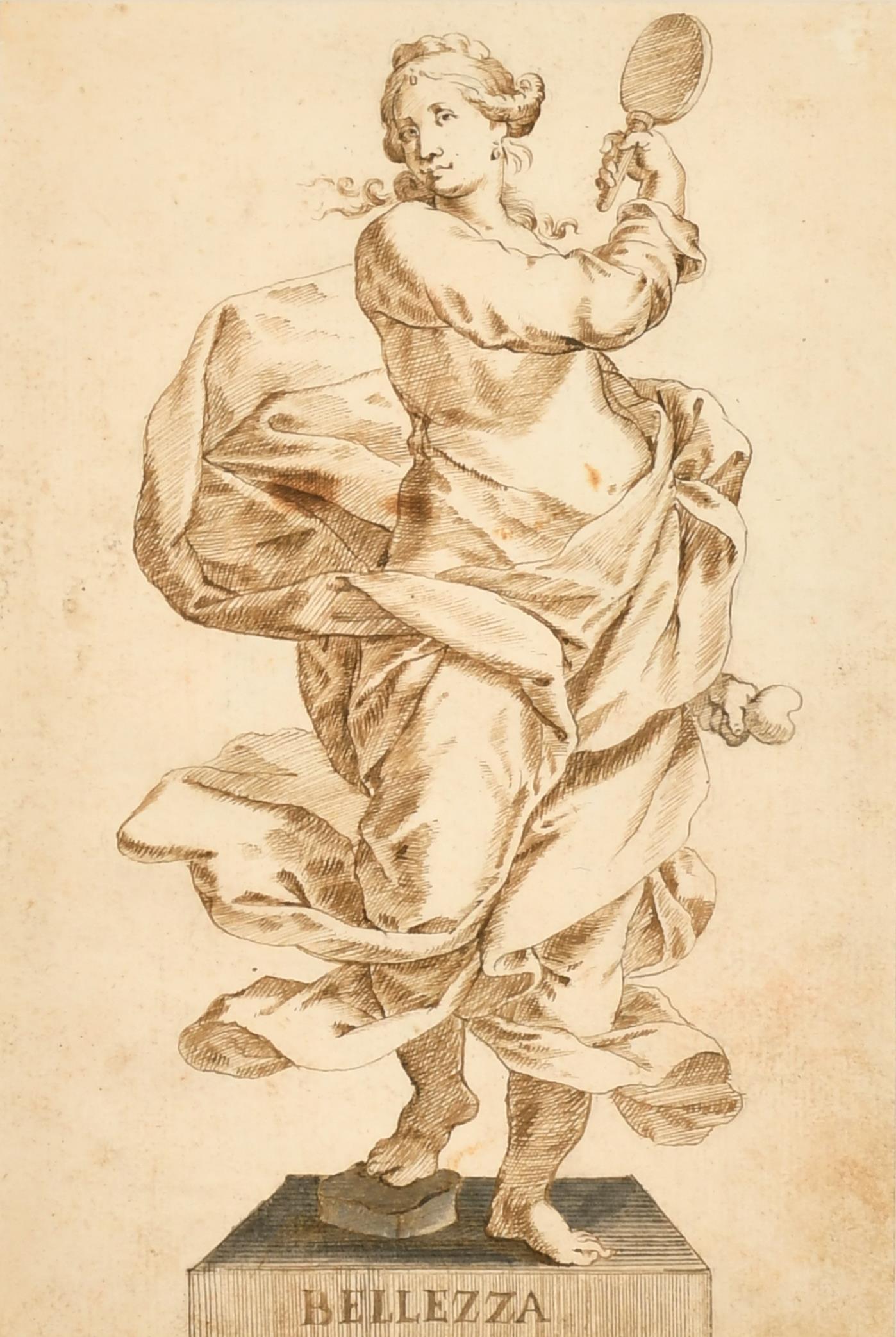 Belle statue de femme romaine de beauté italienne des années 1700 à l'encre et au lavis, dessin de maître ancien