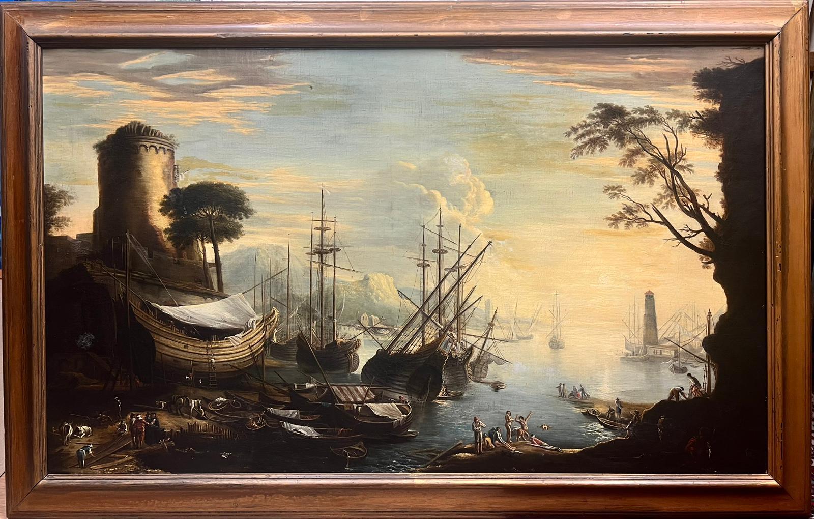 Grande peinture à l'huile italienne du 18ème siècle représentant un navire marchand et de nombreuses figures - Painting de 18thC Italian Old Master