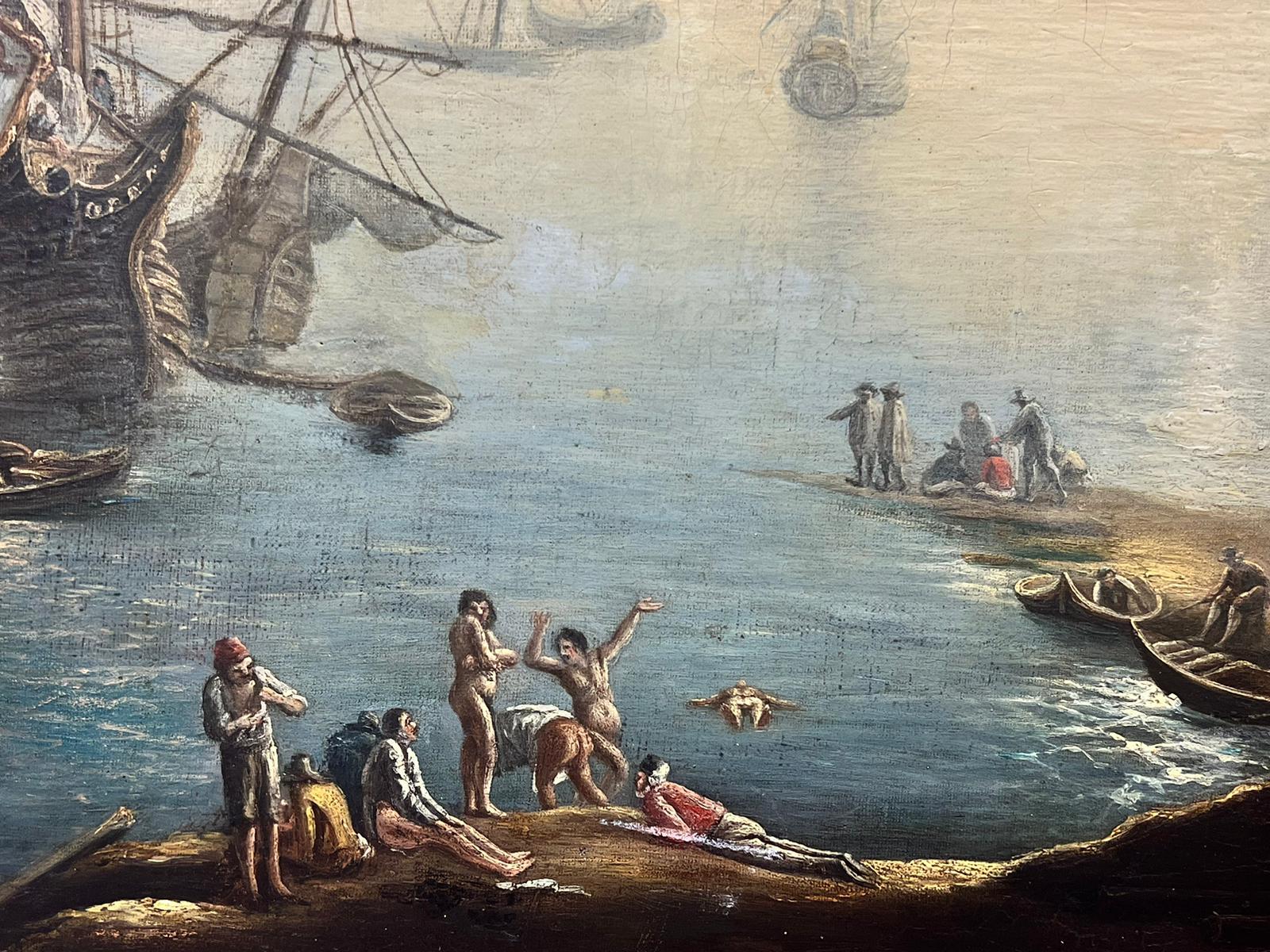 Grande peinture à l'huile italienne du 18ème siècle représentant un navire marchand et de nombreuses figures - Maîtres anciens Painting par 18thC Italian Old Master