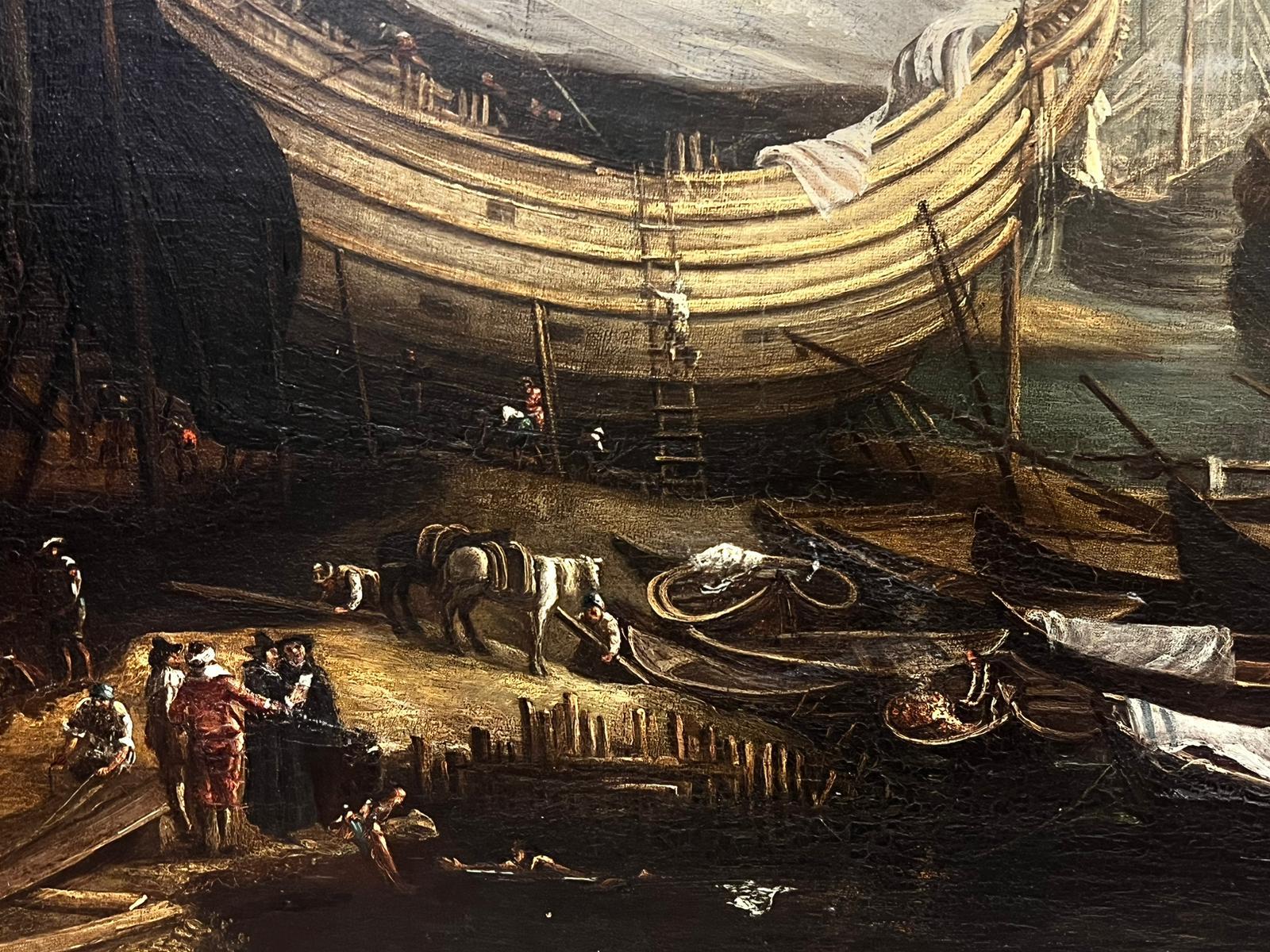 Grande peinture à l'huile italienne du 18ème siècle représentant un navire marchand et de nombreuses figures en vente 1