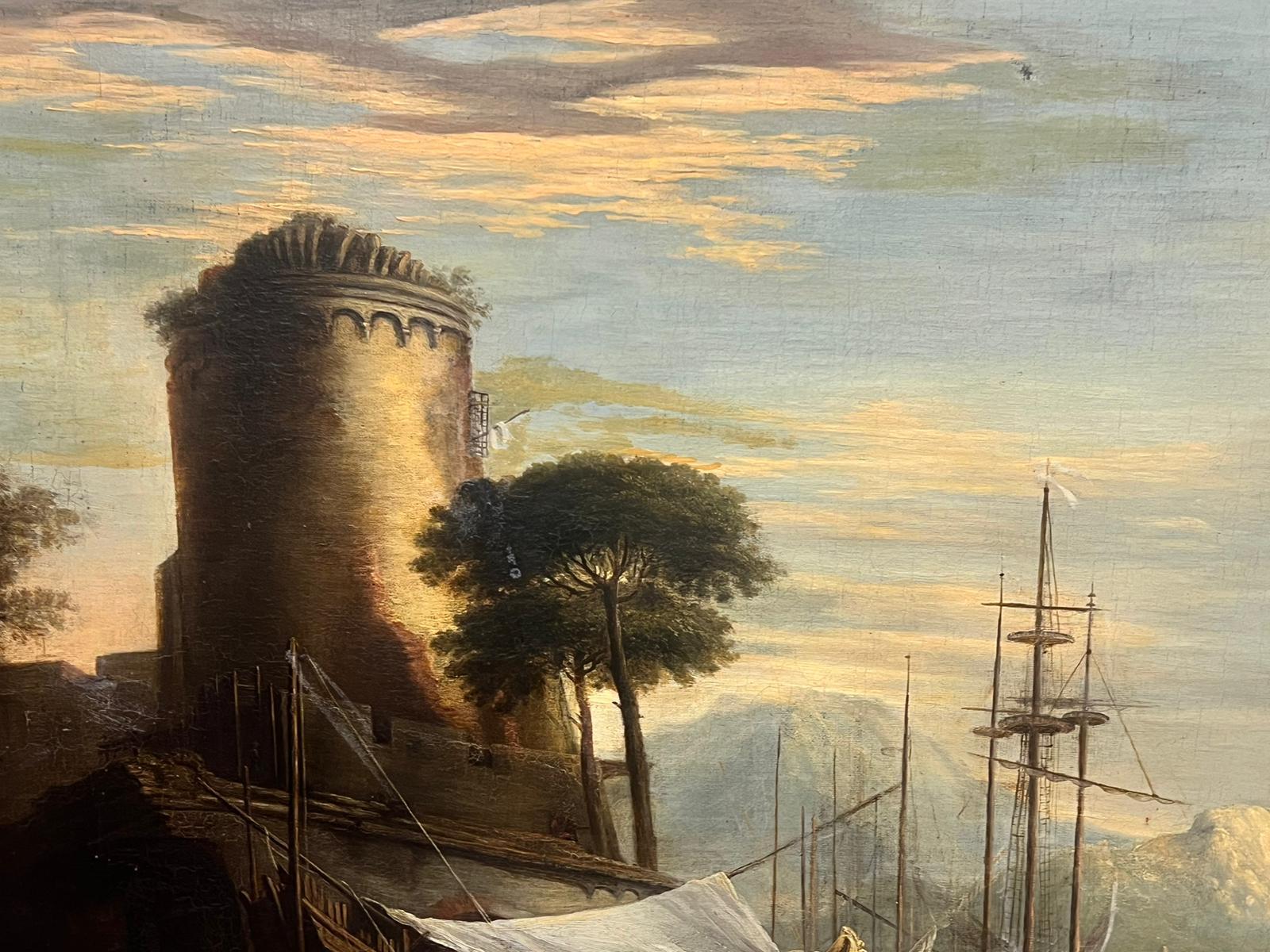 Grande peinture à l'huile italienne du 18ème siècle représentant un navire marchand et de nombreuses figures en vente 2