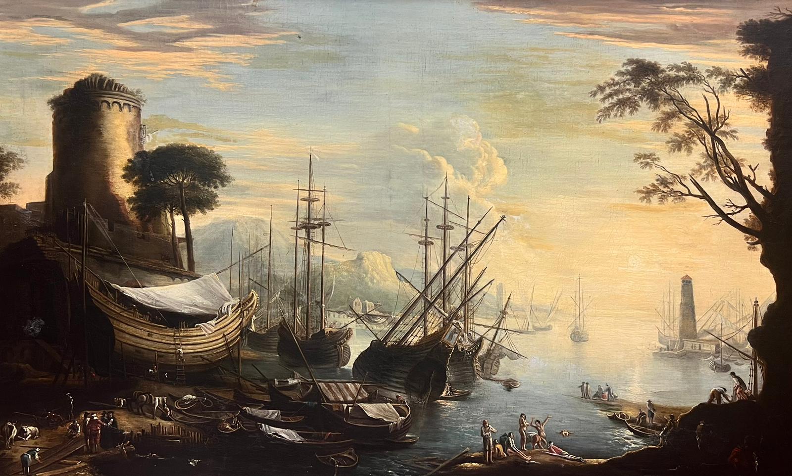 Figurative Painting 18thC Italian Old Master - Grande peinture à l'huile italienne du 18ème siècle représentant un navire marchand et de nombreuses figures