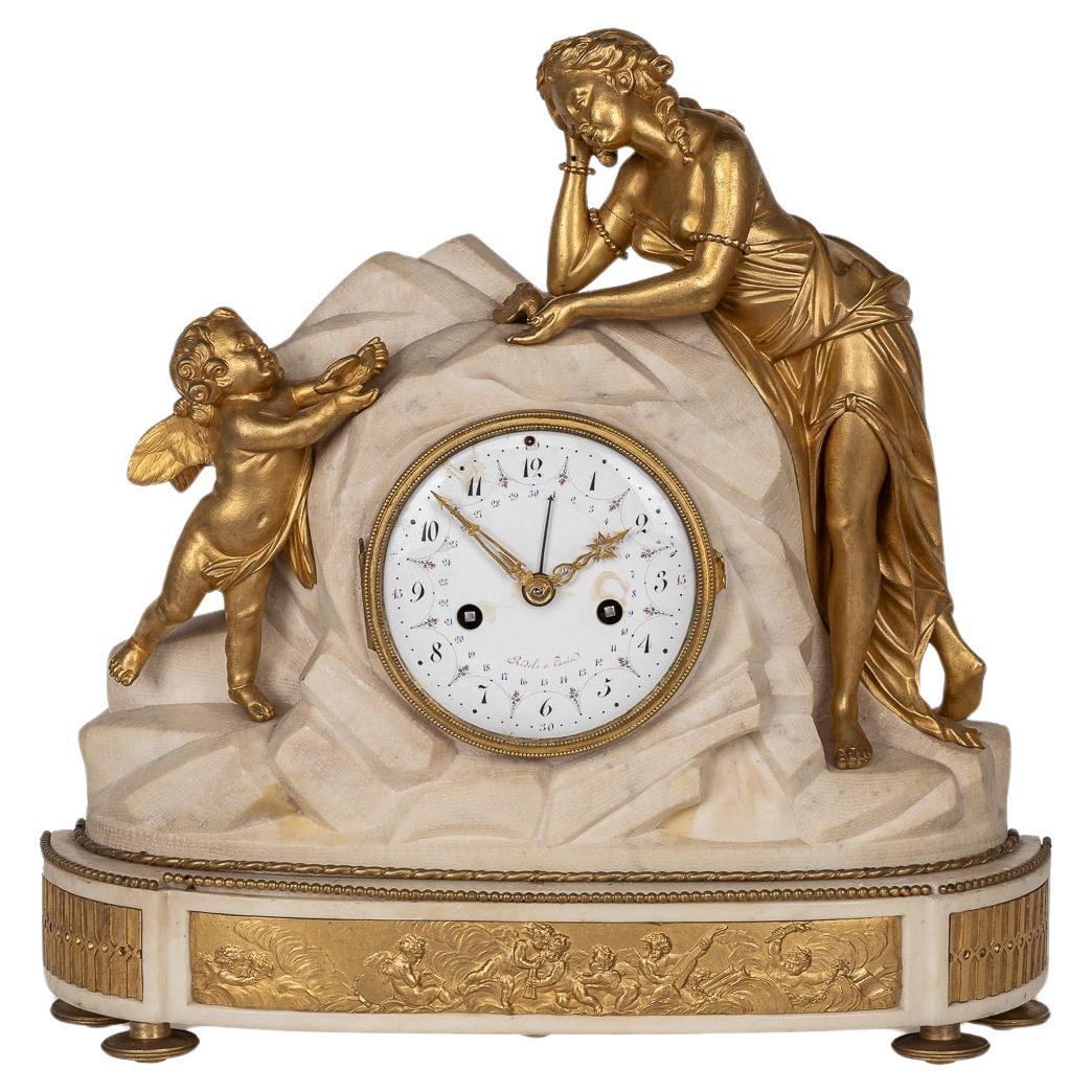 18thC Louis XVI French Gilt Bronze & Marble Clock By Rouvière A Paris c.1785 For Sale