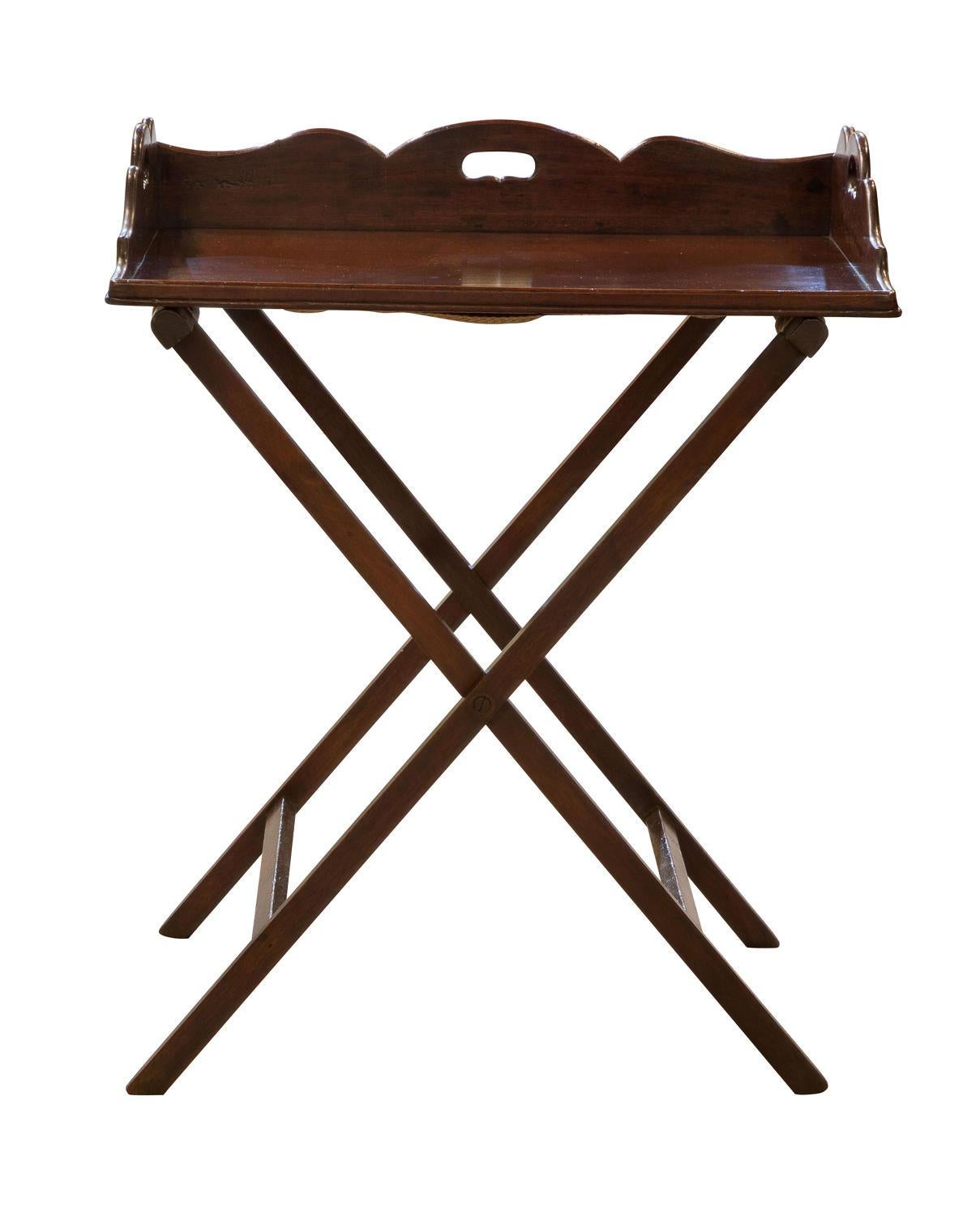 18th century mahogany butlers tray with shaped gallery and folding stand, circa 1780

- Height includes stand.