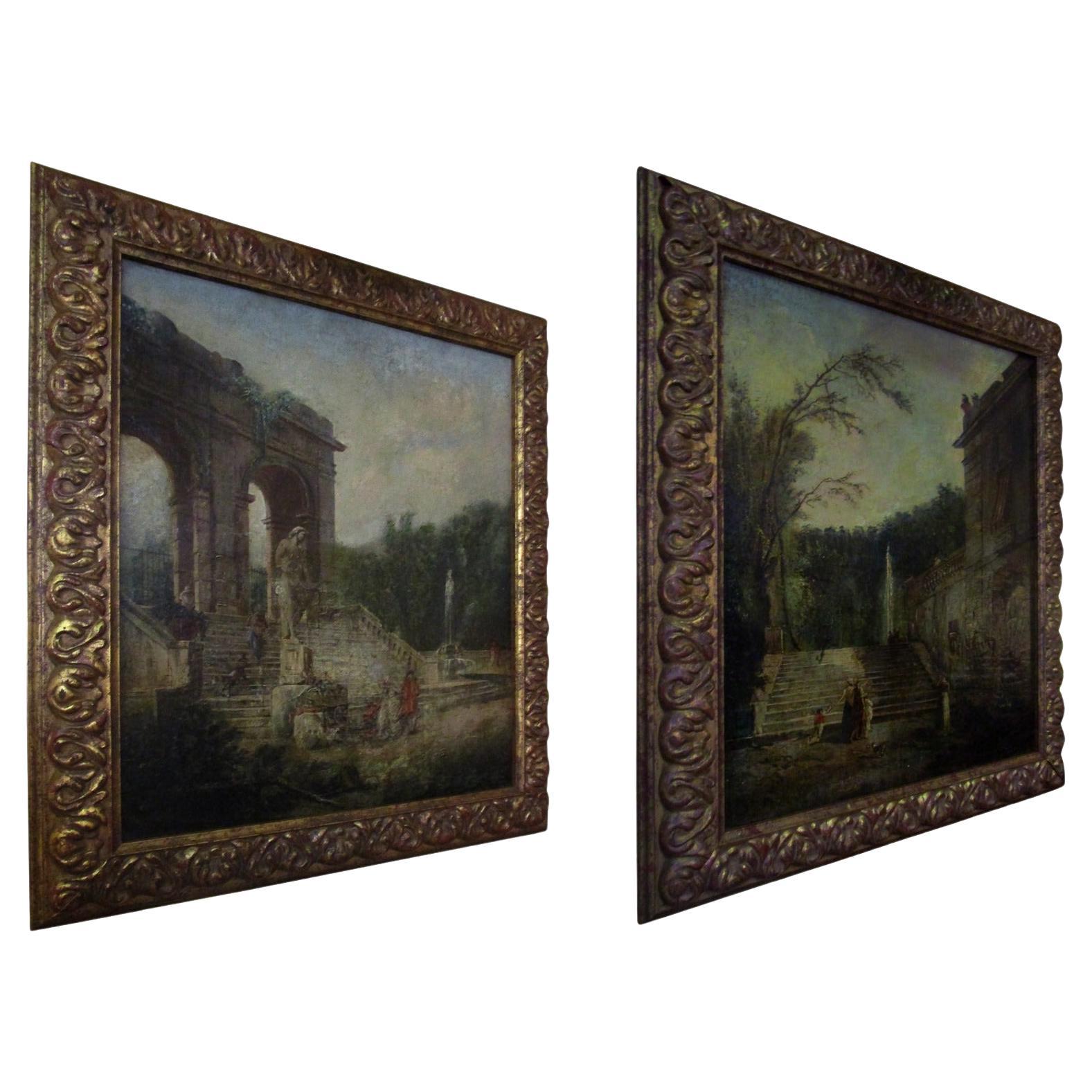 Paysages de Capriccio peints à l'huile au XVIIIe siècle à la manière de Jean-Honoré Fragonard