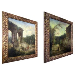18thc Oil Painted Capriccio Landscapes in the manner of Jean-Honoré Fragonard