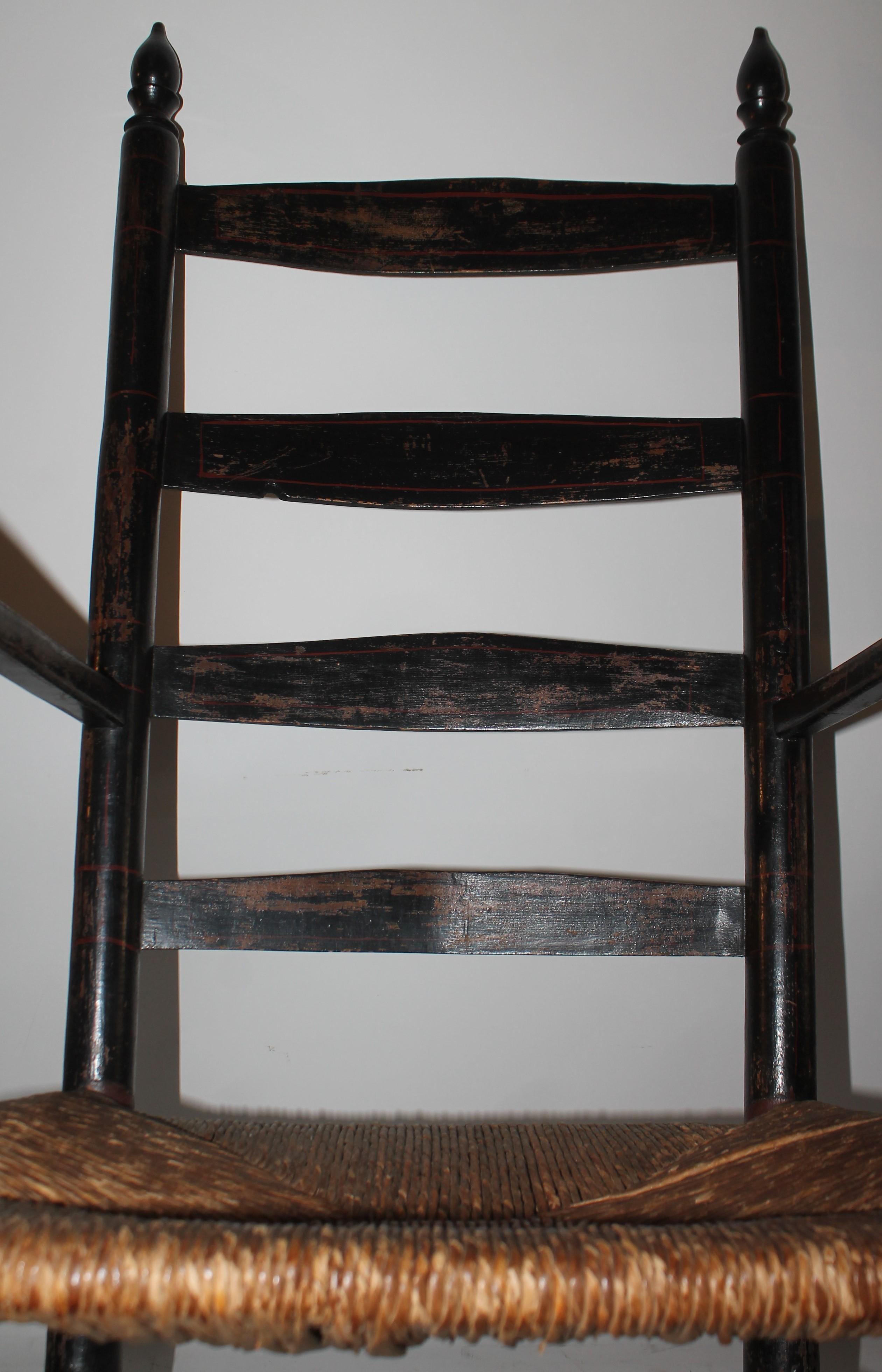 American Classical 18th Century Original Black Painted Ladder Back Armchair For Sale