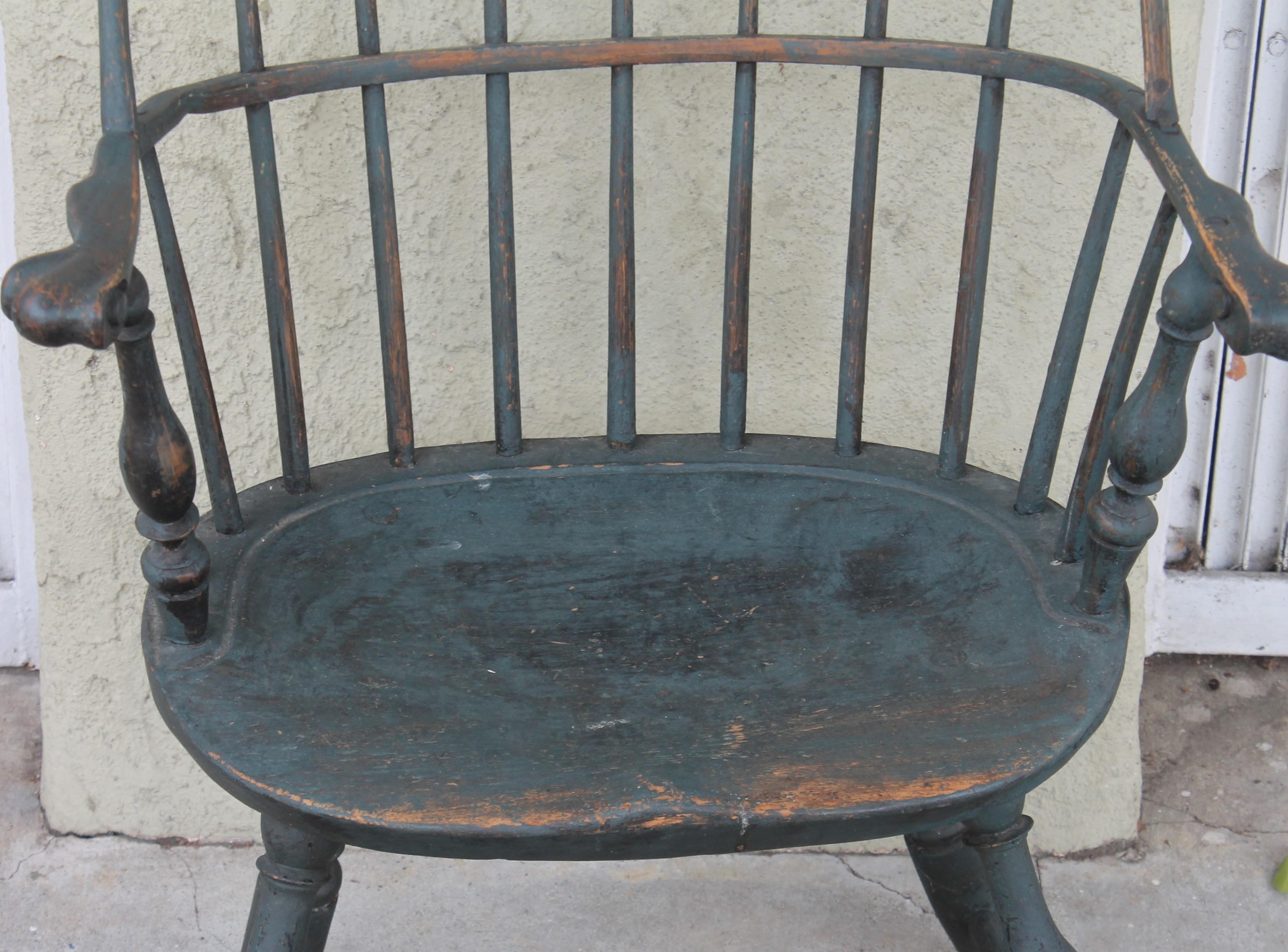 Country 18thc Original Blue Painted Windsor Arm Chair