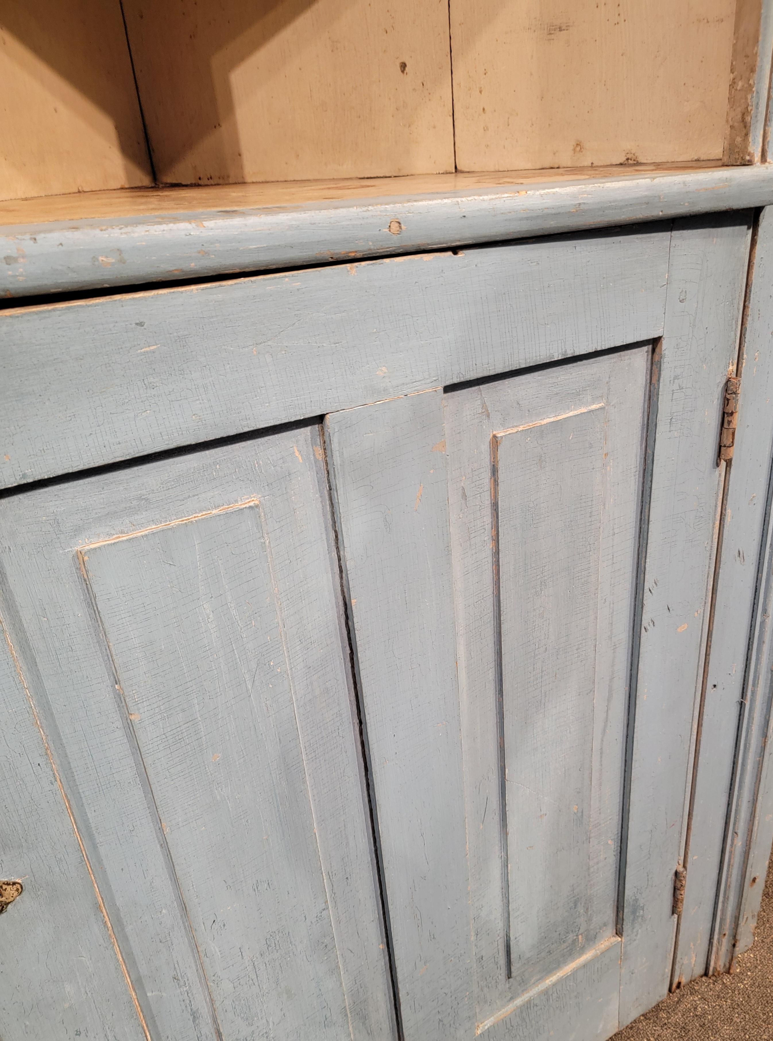 Hand-Crafted 18thc Original Powder Blue Corner Cupboard For Sale