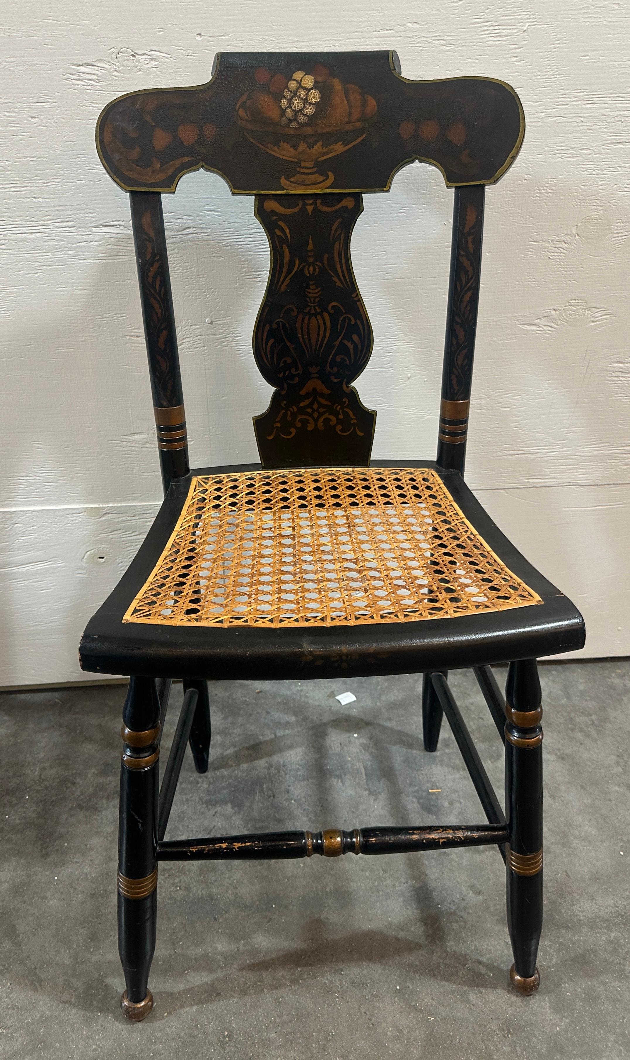18thc Pair of Stenciled pair of Cane Seat Charis For Sale 5