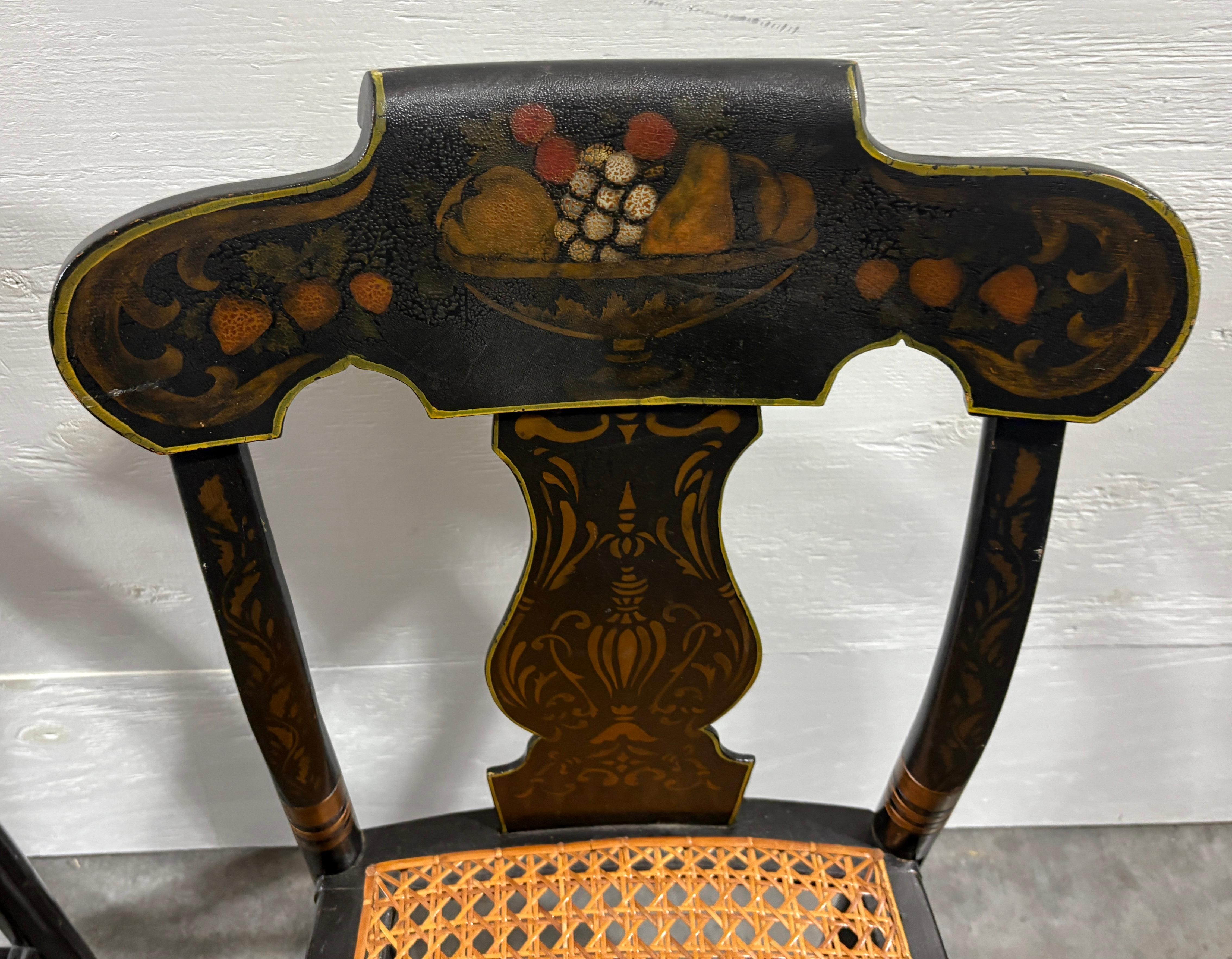 Hand-Painted 18thc Pair of Stenciled pair of Cane Seat Charis For Sale