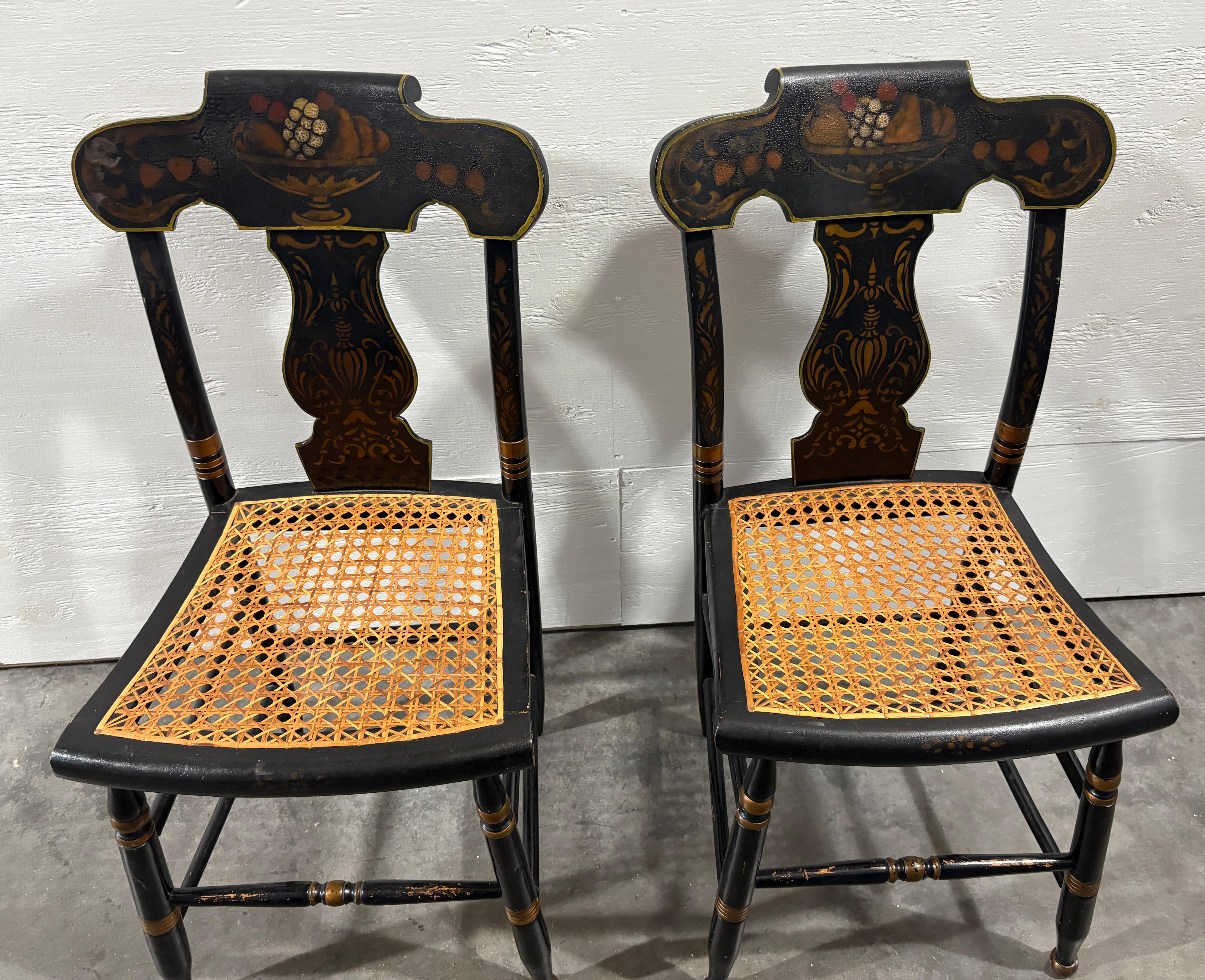 18thc Pair of Stenciled pair of Cane Seat Charis In Good Condition For Sale In Los Angeles, CA