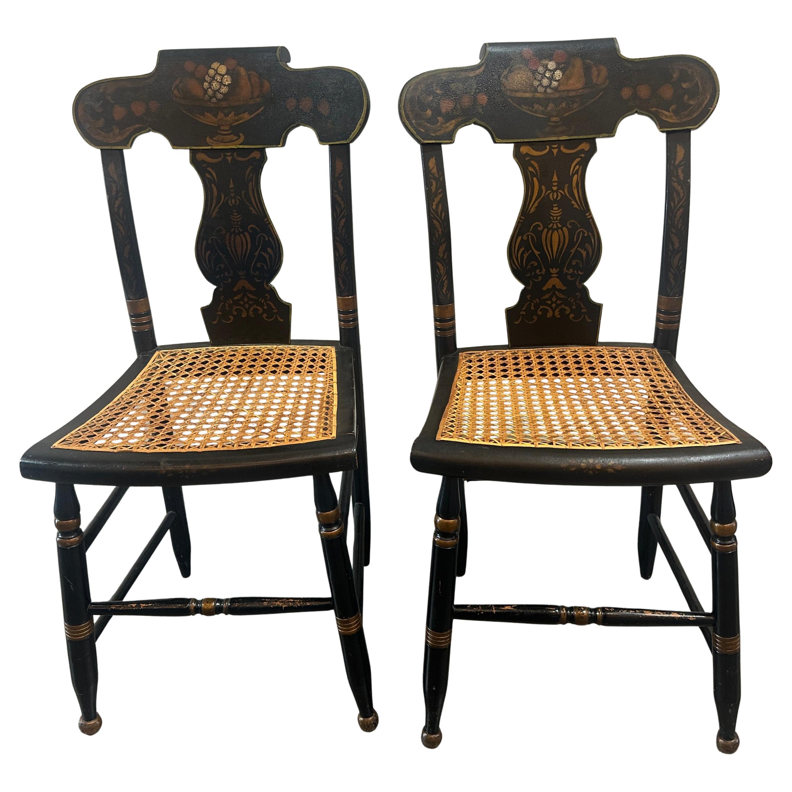18thc Pair of Stenciled pair of Cane Seat Charis For Sale