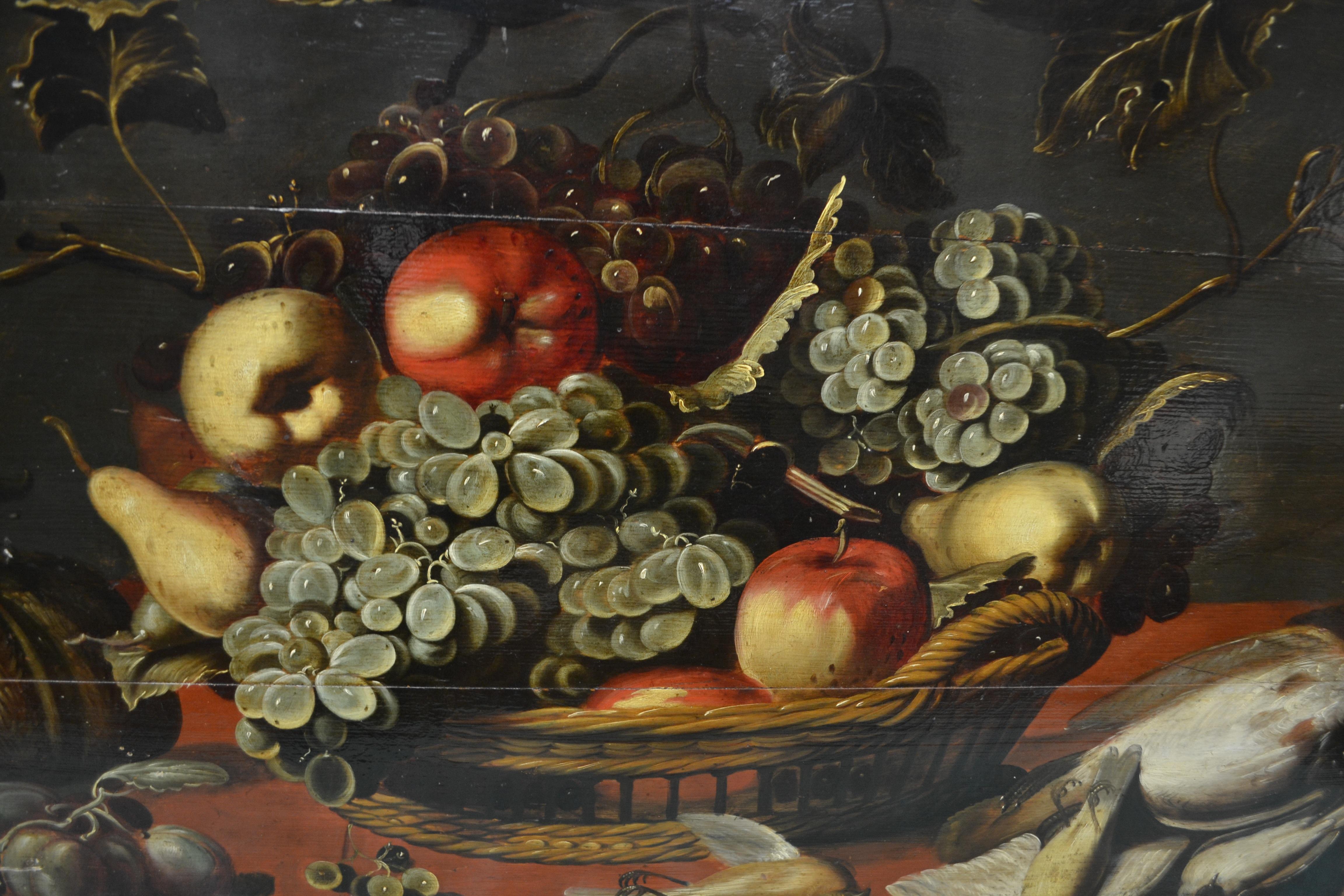 Néerlandais Nature morte hollandaise ou flamande du XVIIIe siècle représentant une volaille et des fruits sur panneau en vente