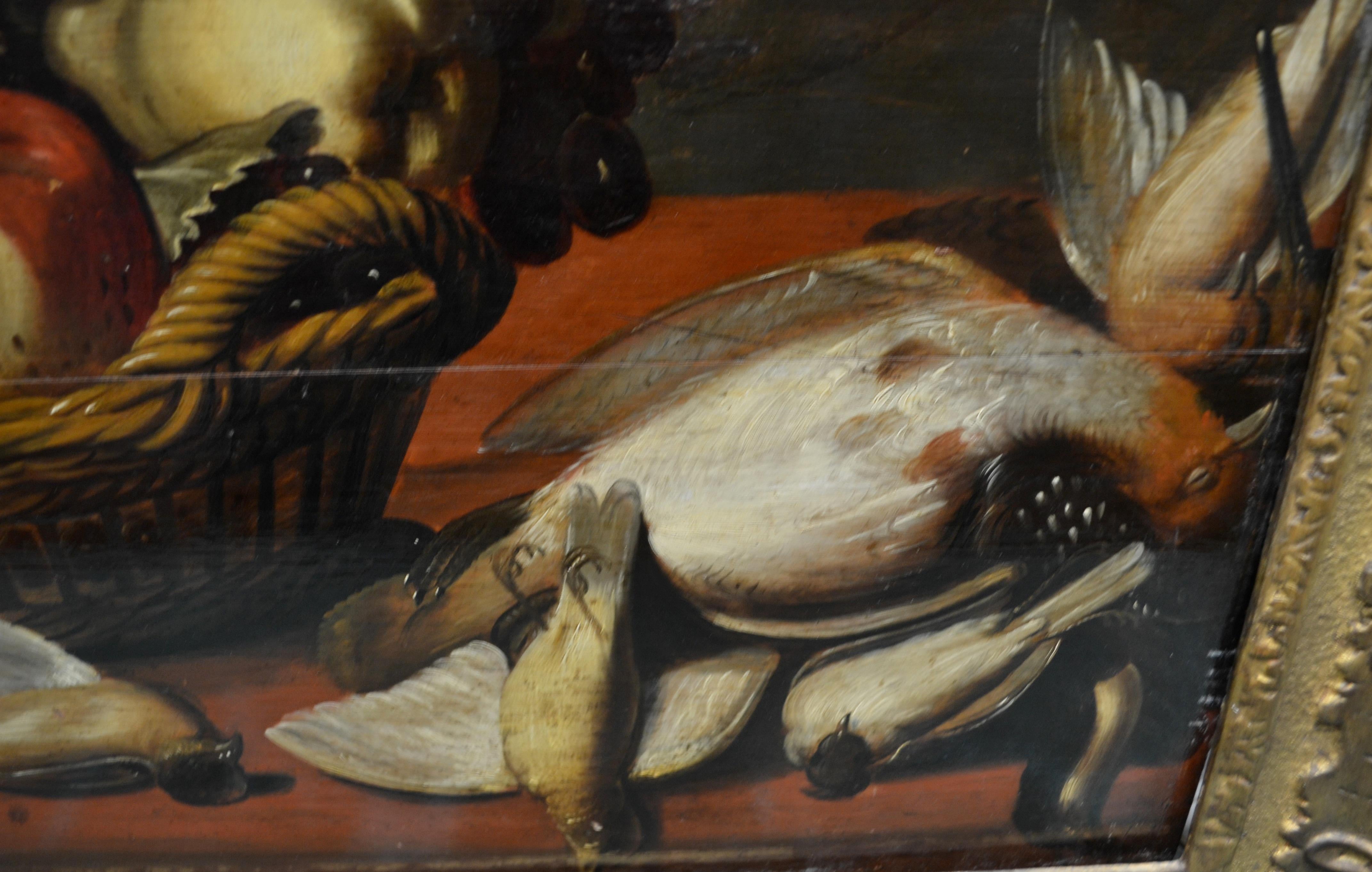 Peint Nature morte hollandaise ou flamande du XVIIIe siècle représentant une volaille et des fruits sur panneau en vente